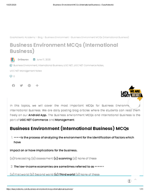 MCQ Business Environment - BUSINESS ENVIRONMENT M First Semester MC1C ...