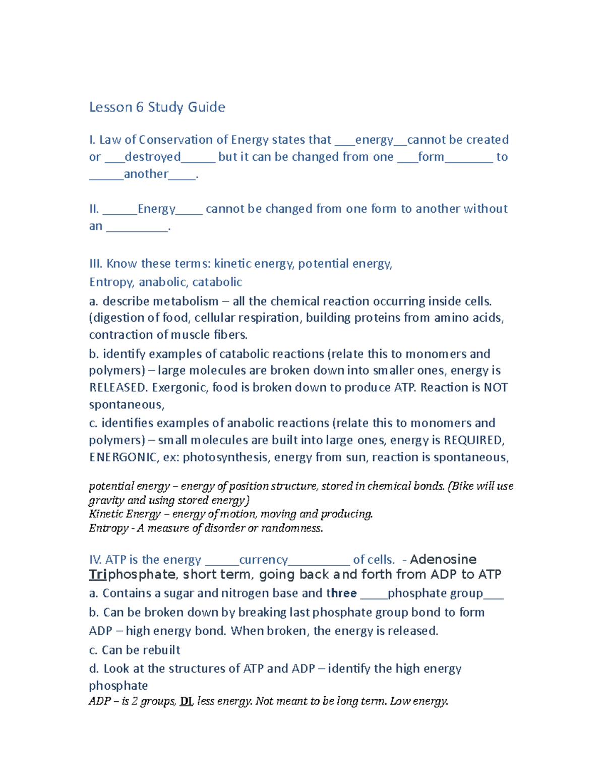 Lesson 6 Study Guide Biol 1408 - Lesson 6 Study Guide I. Law of ...
