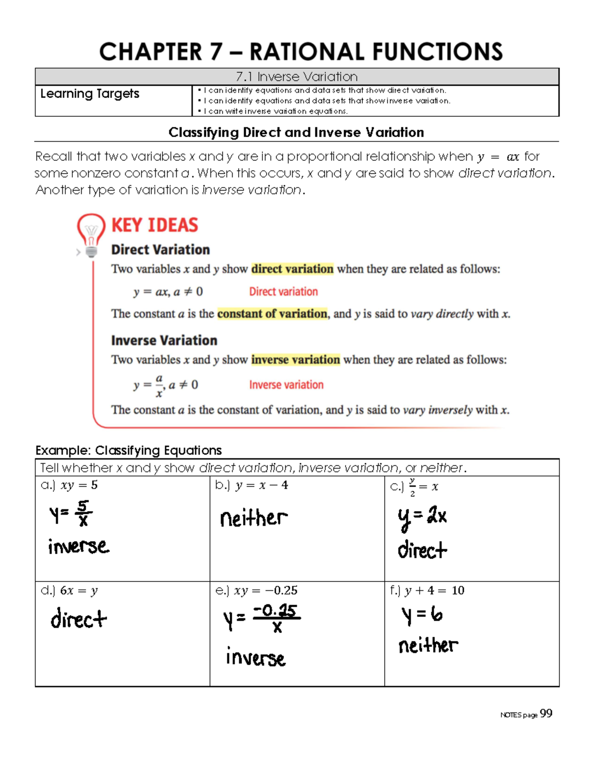 7.1 Notes - math - NOTES page 99 CHAPTER 7 – RATIONAL FUNCTIONS 7 ...