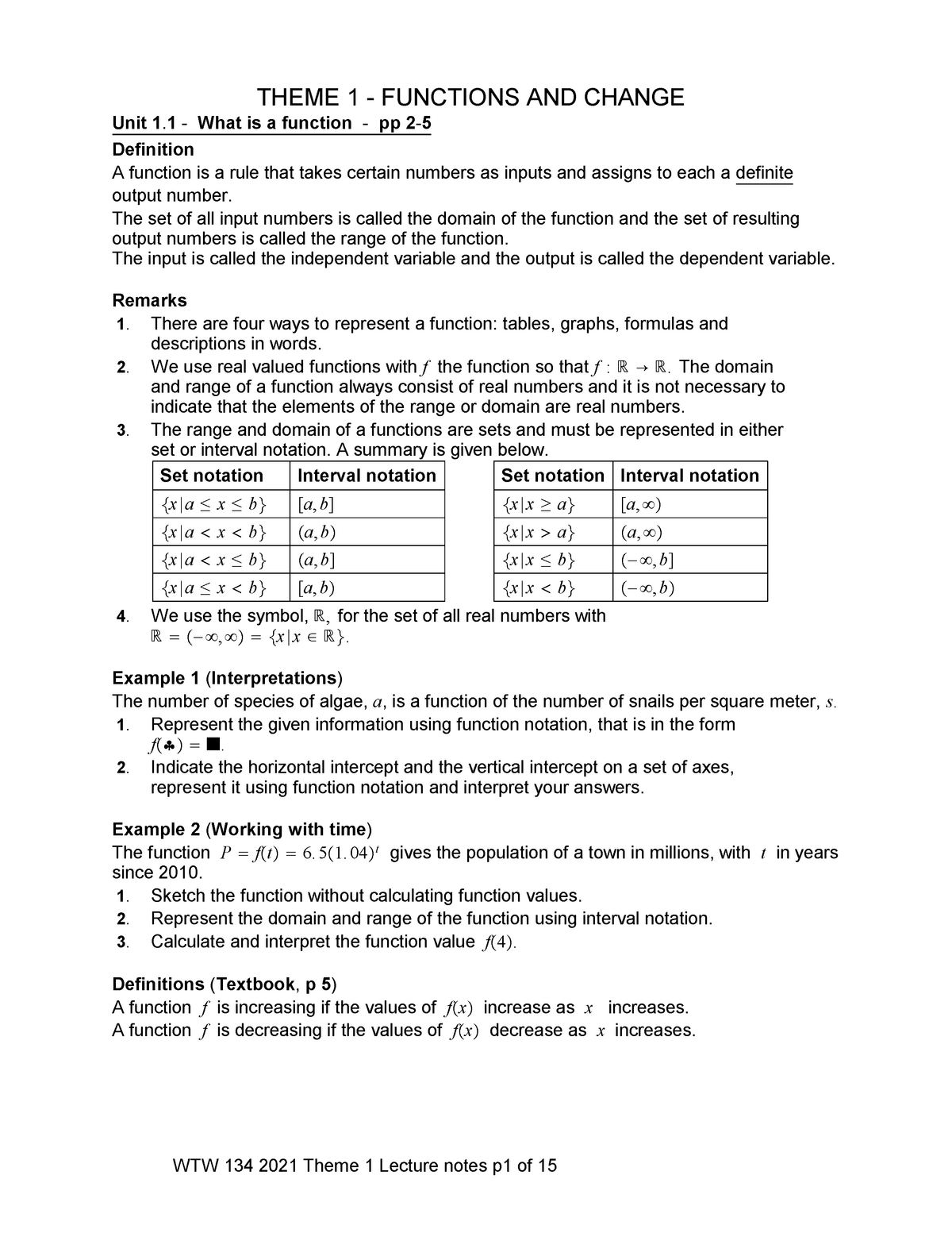 WTW 134 Lecture notes Theme 1(2) function and change THEME 1