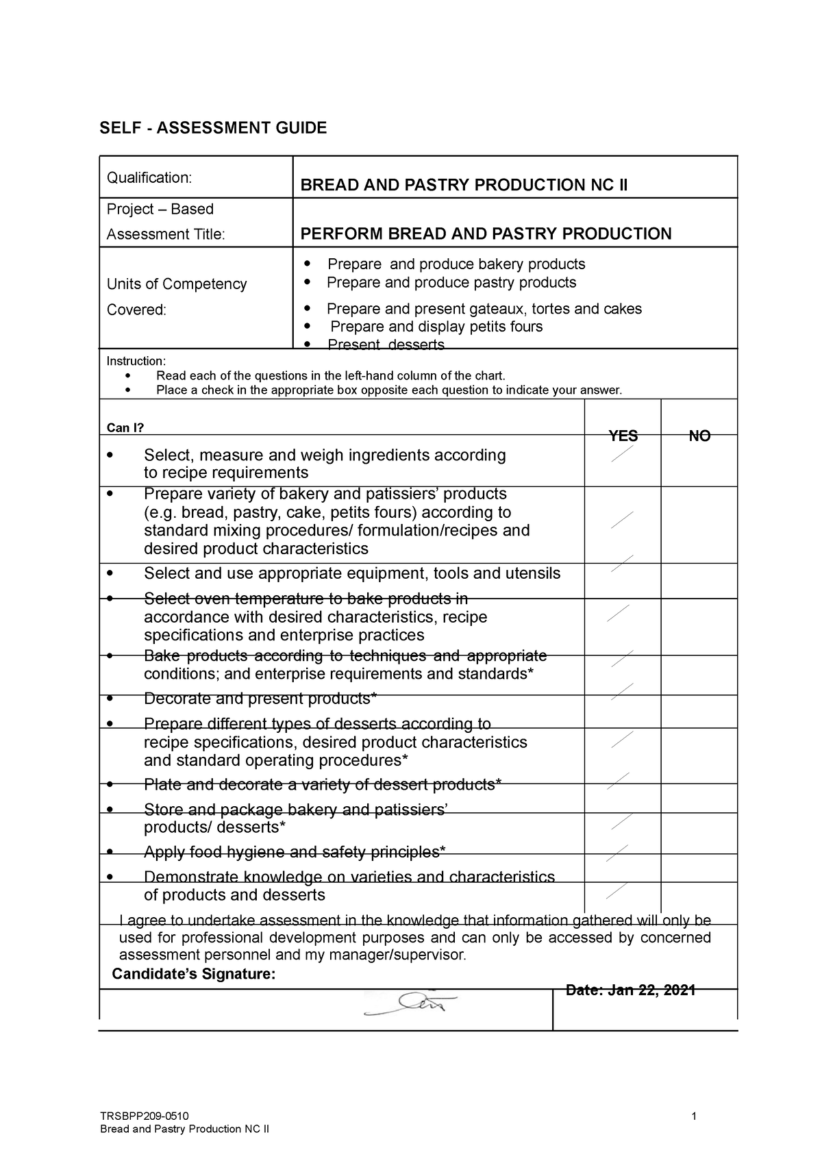 Sag Bread And Pastry Production Nc Ii To Pass 1 Self Assessment