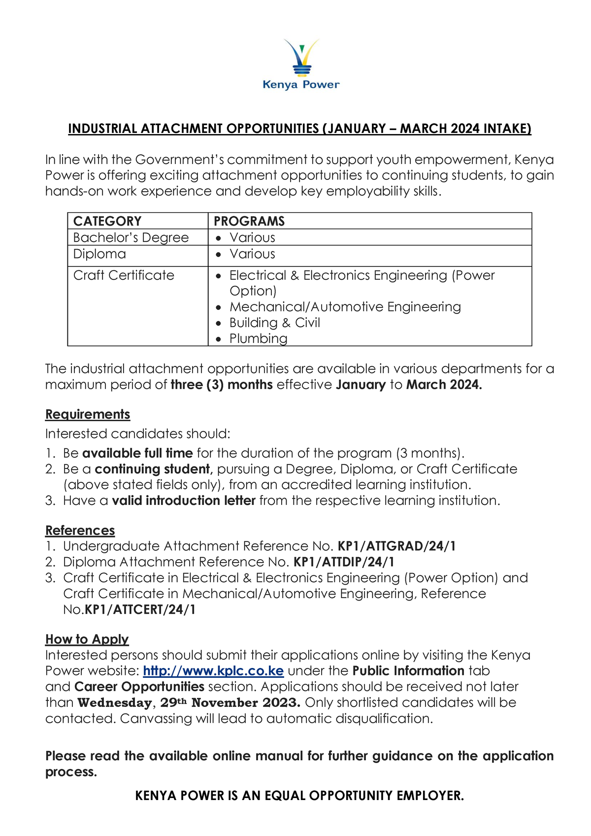 Attachment Advert Jan March 2024 revised - INDUSTRIAL ATTACHMENT ...