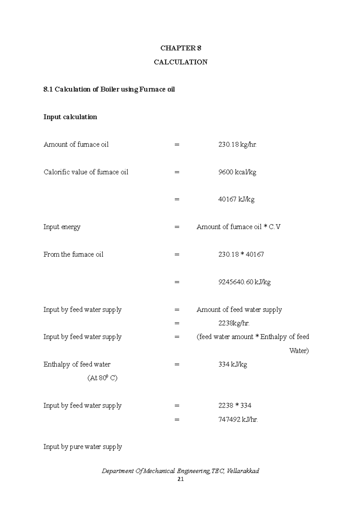 Calculation of Boiler using Furnace oil Calorific value of furnace