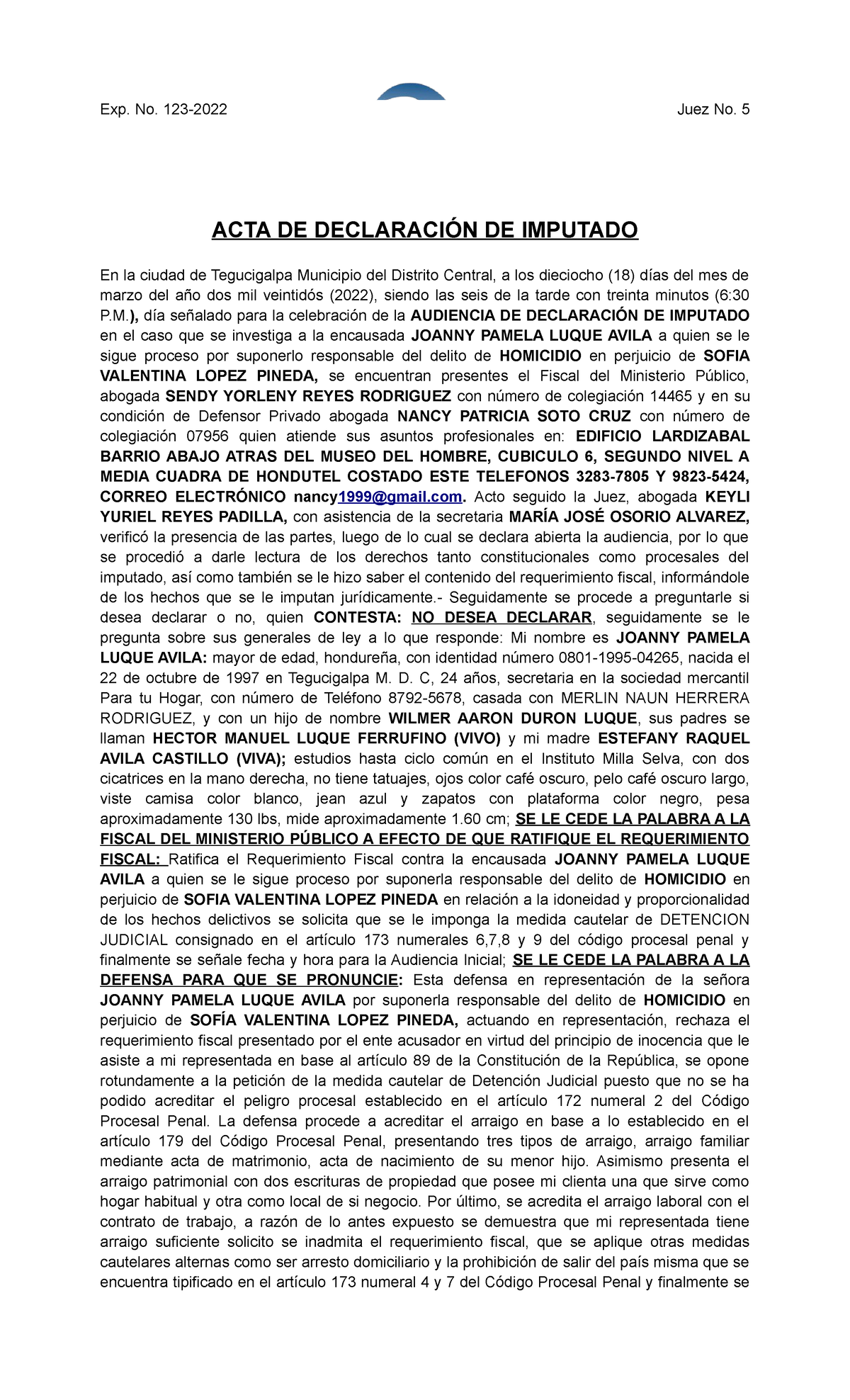 Acta De Audiencia De Imputado - Exp. No. 123-2022 Juez No. 5 ACTA DE ...