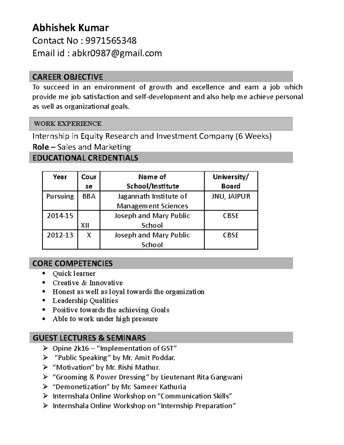 Abhishek resume - Abhishek Kumar Contact No : 9971565348 Email id ...