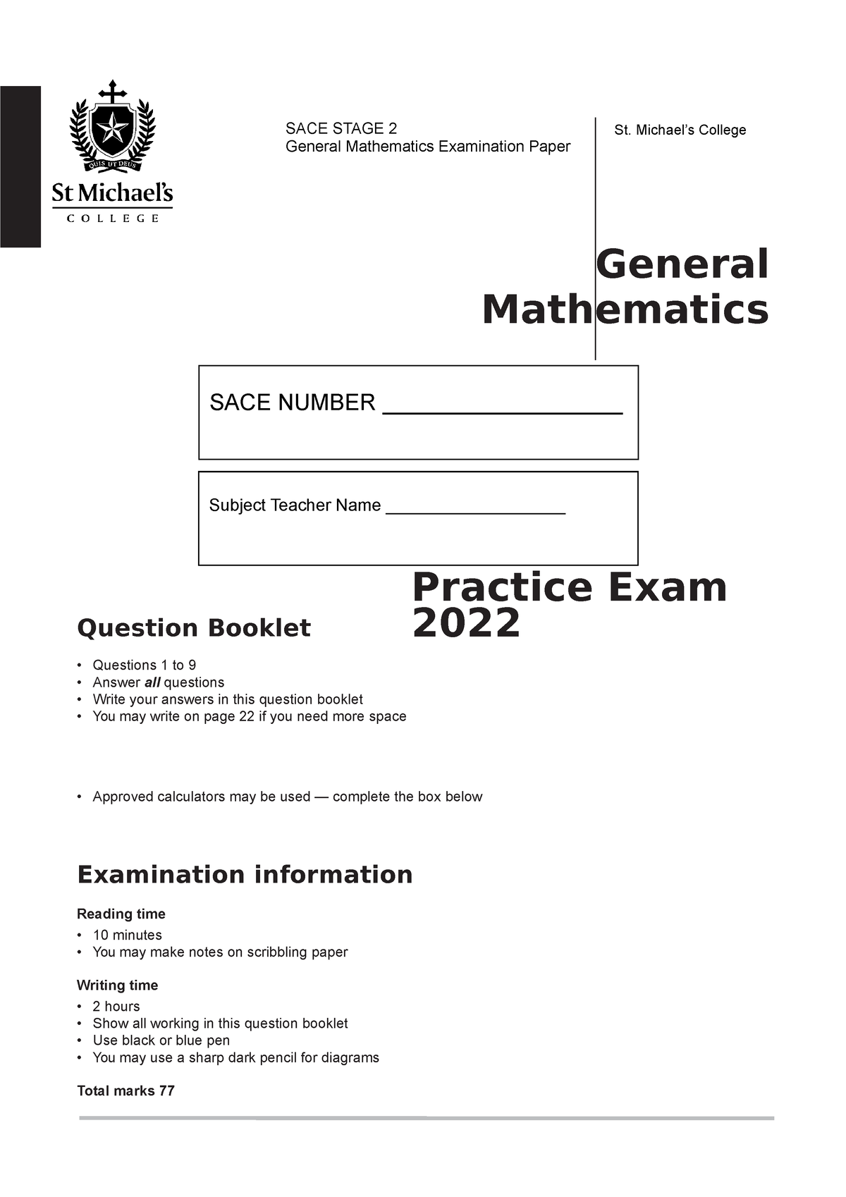 Gen Math Practice Exam - St. Michael’s College Question Booklet ...