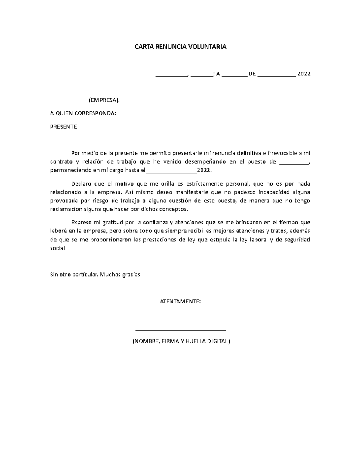 Carta Renuncia Voluntaria CARTA RENUNCIA VOLUNTARIA