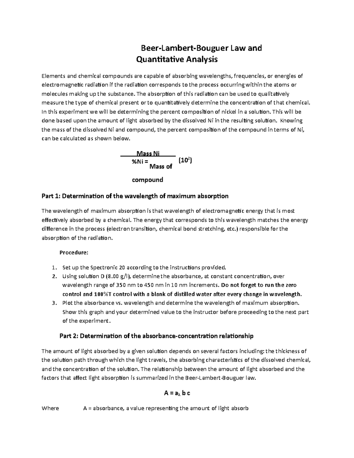 BeerBouguer Law lab document BeerLambertBouguer Law and