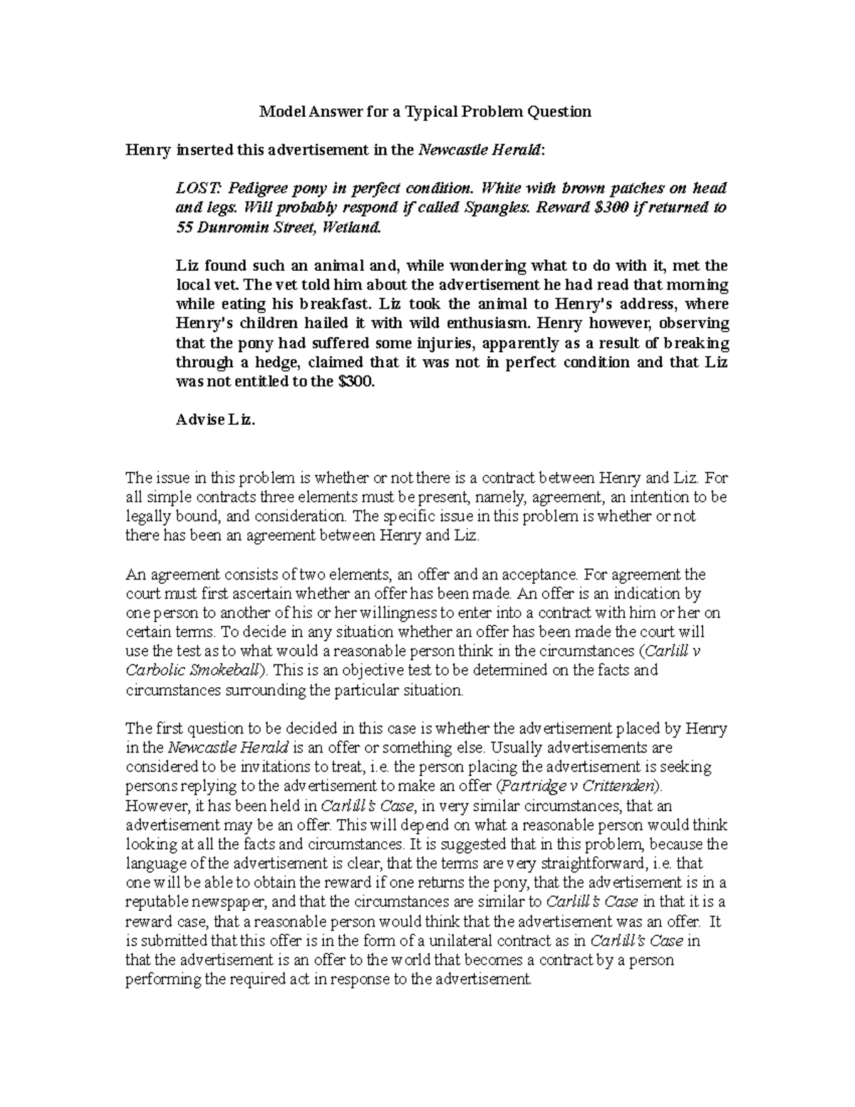LEGL1001.2004 Model Answer - Model Answer for a Typical Problem ...