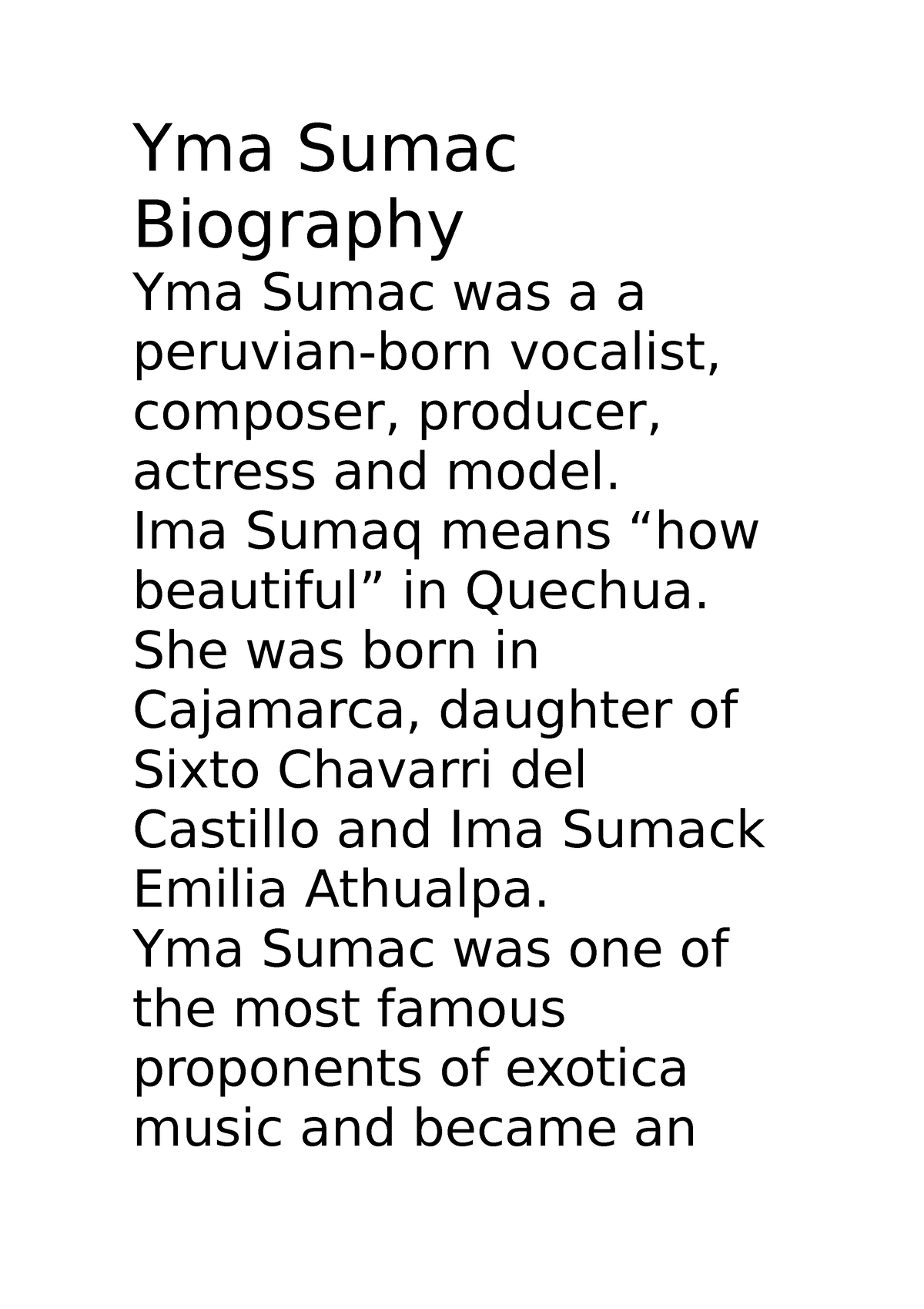 Yma Sumac Biography xd semana 4 xd Yma Sumac Biography Yma Sumac