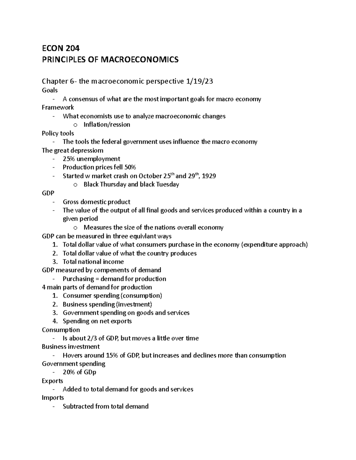 Econ 204 In Class Notes - ECON 204 PRINCIPLES OF MACROECONOMICS Chapter ...