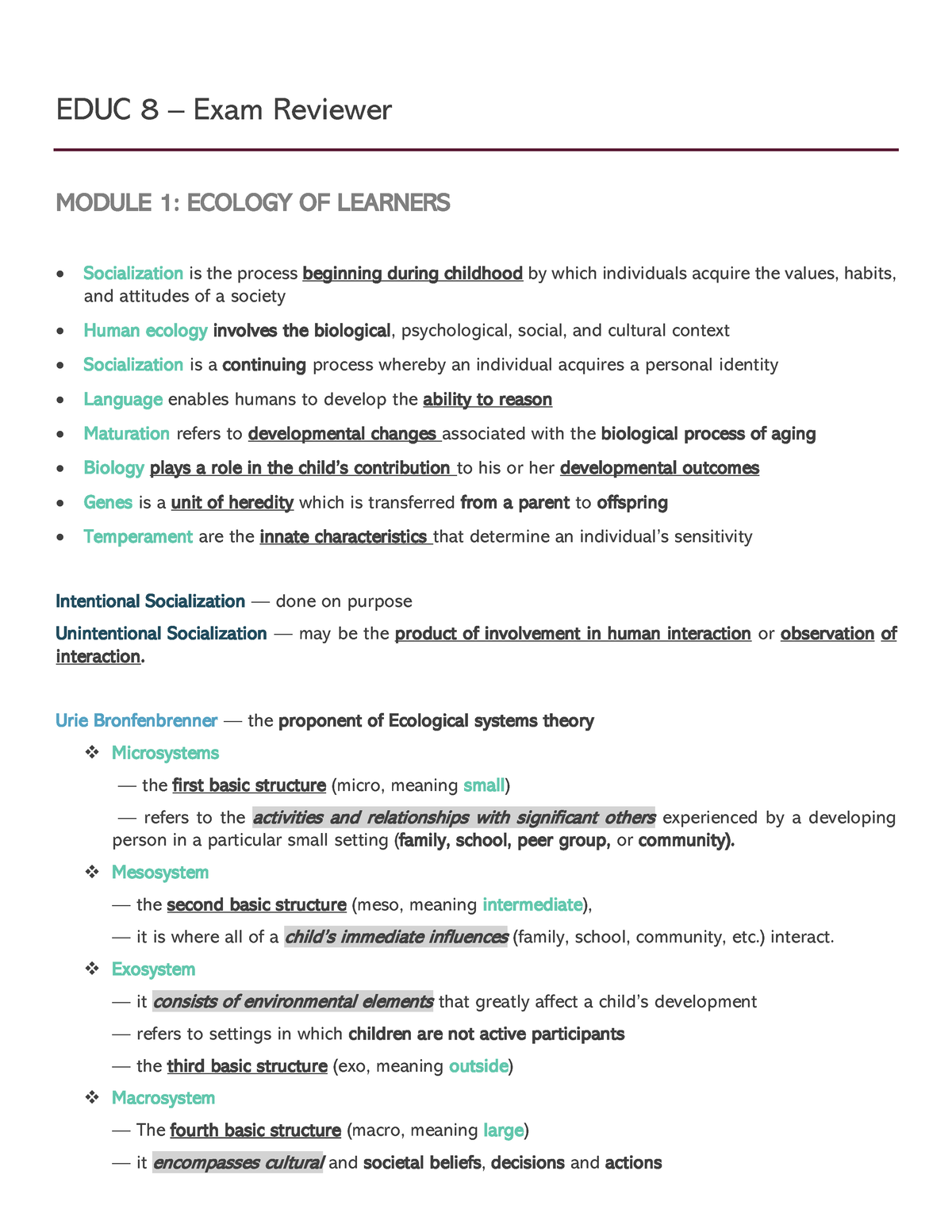 EDUC-8-Exam-Reviewer - EDUC 8 – Exam Reviewer MODULE 1: ECOLOGY OF ...