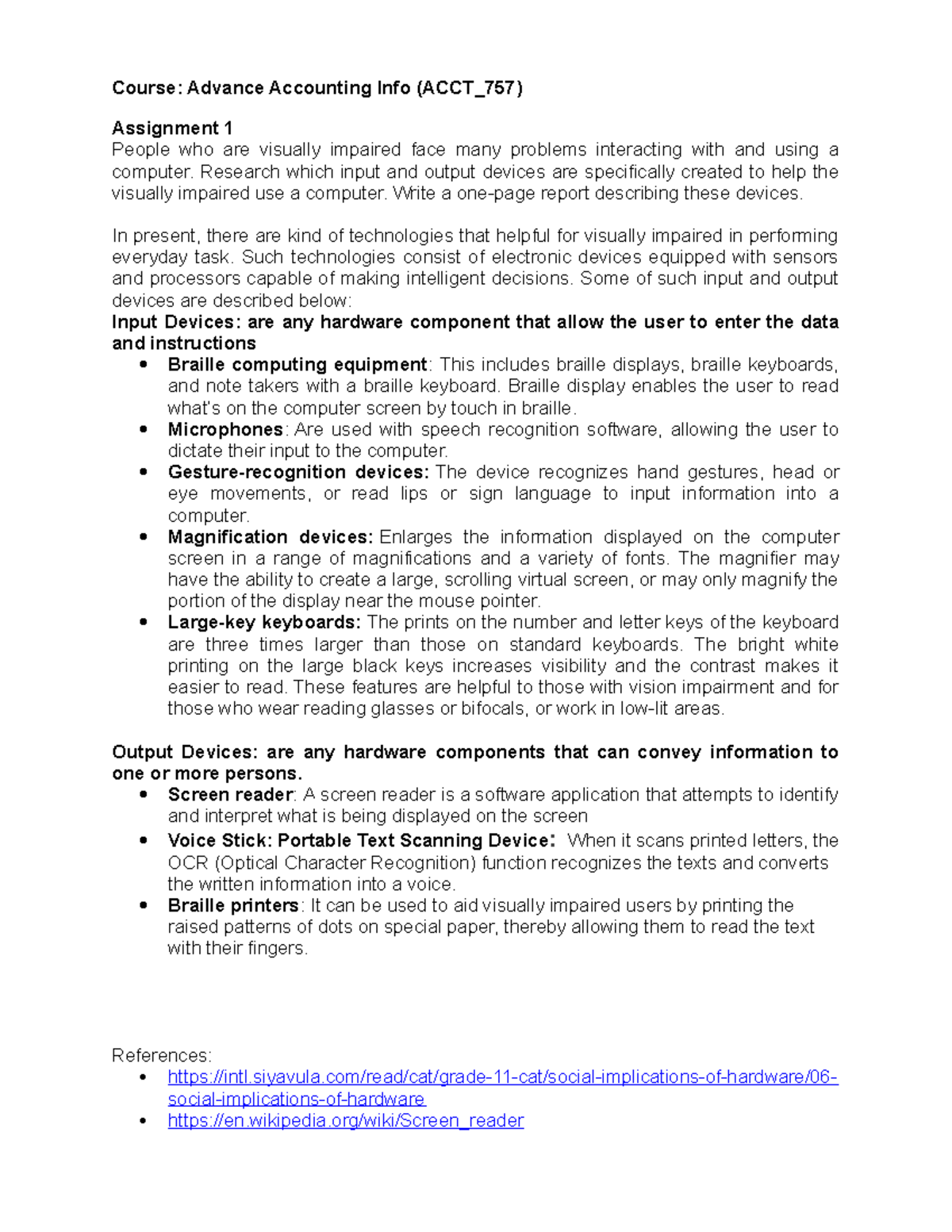 Info Assignment 1 input and output devices for visually impaired