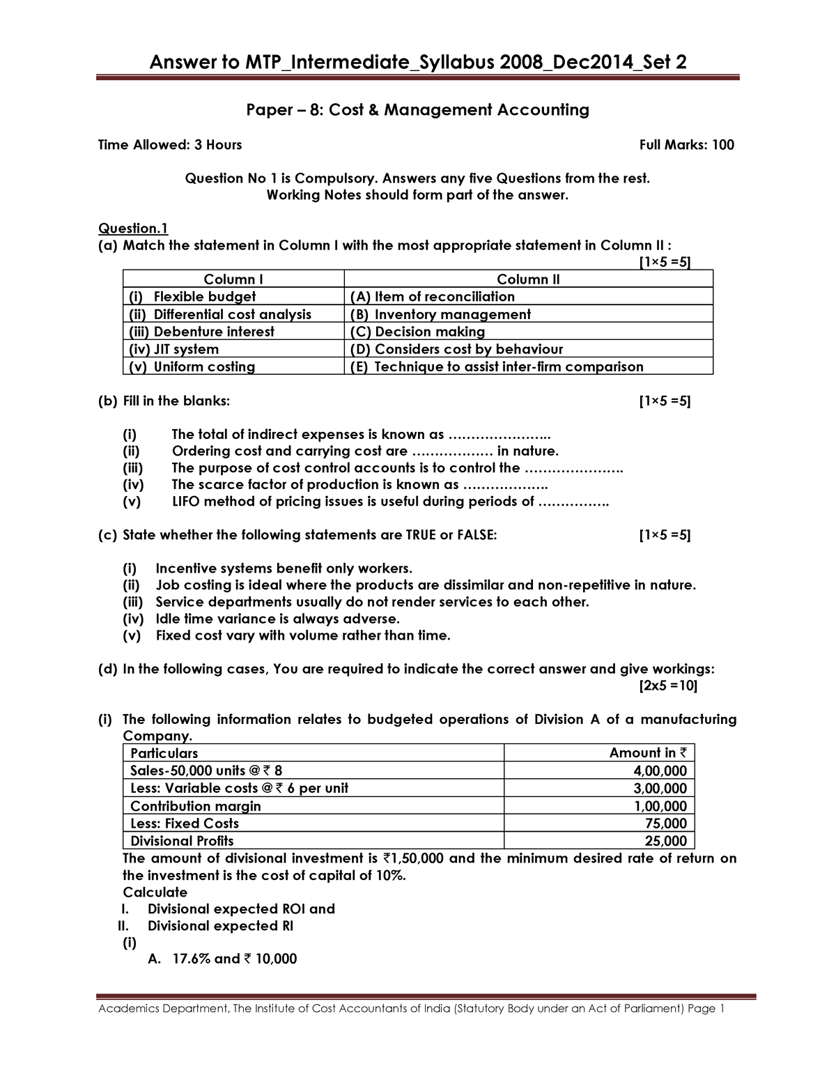 Paper 8-Solution - Answersheet Chapter 08 - Paper – 8: Cost ...