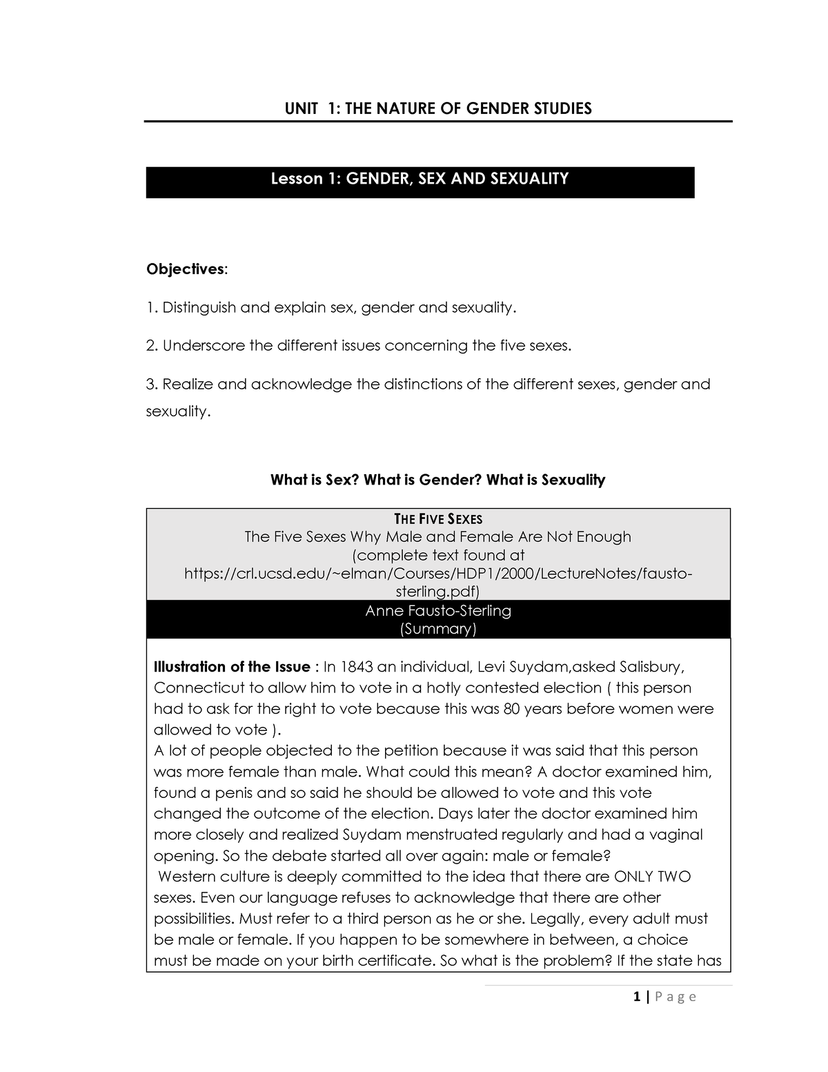 G Elect 2 Lesson 1 - Gender And Society Notes - UNIT 1: THE NATURE OF ...