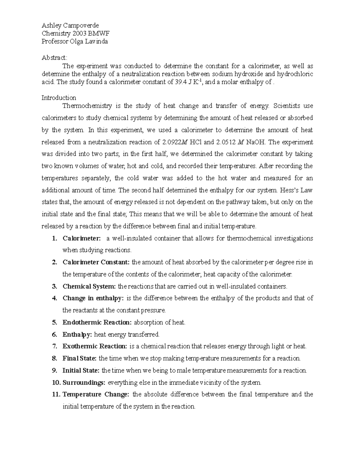 Enthalpy lab report Lab Chemistry 2003 BMWF Professor Olga Lavinda