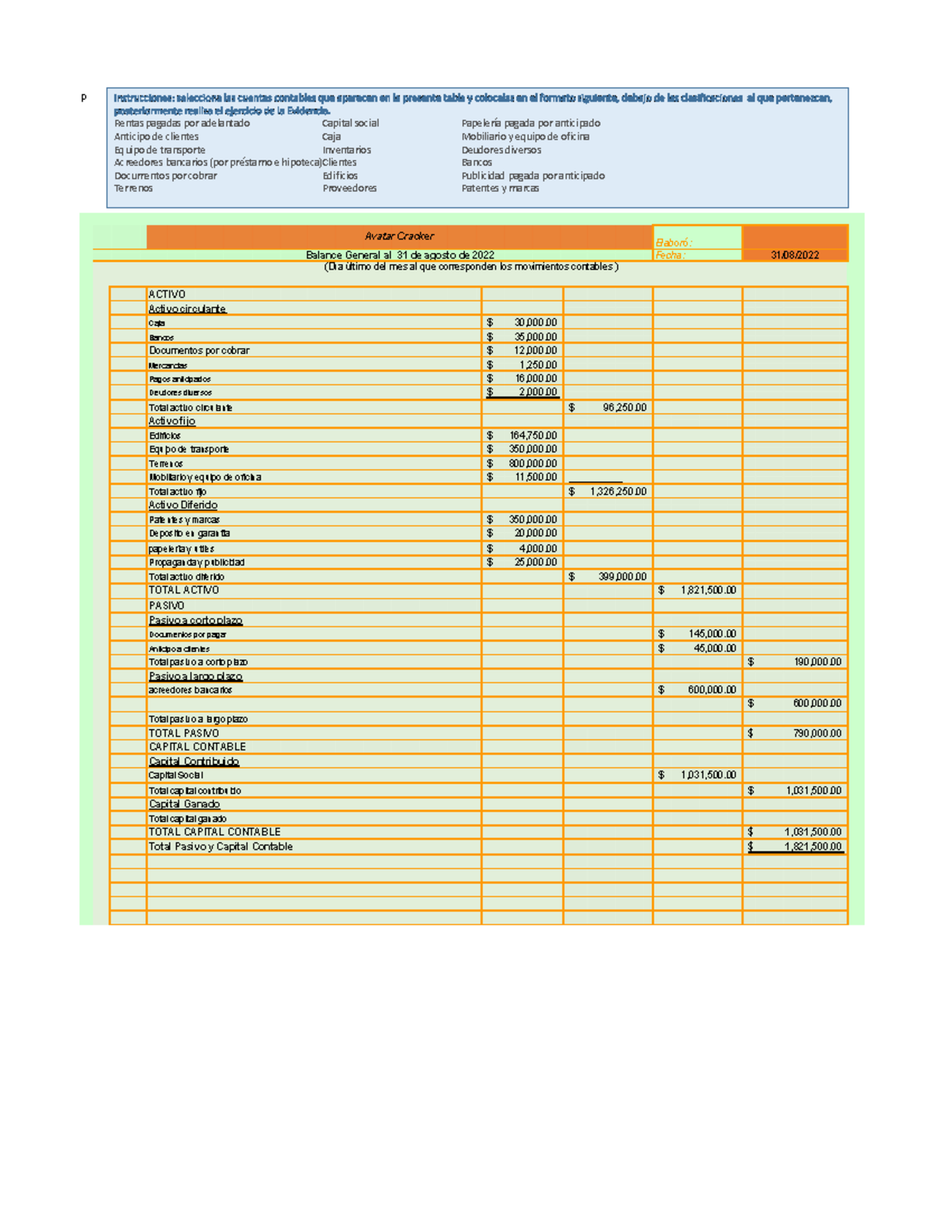 Contabilidad Financiera Balance General - p Elaboró: Fecha: 31/08 ...
