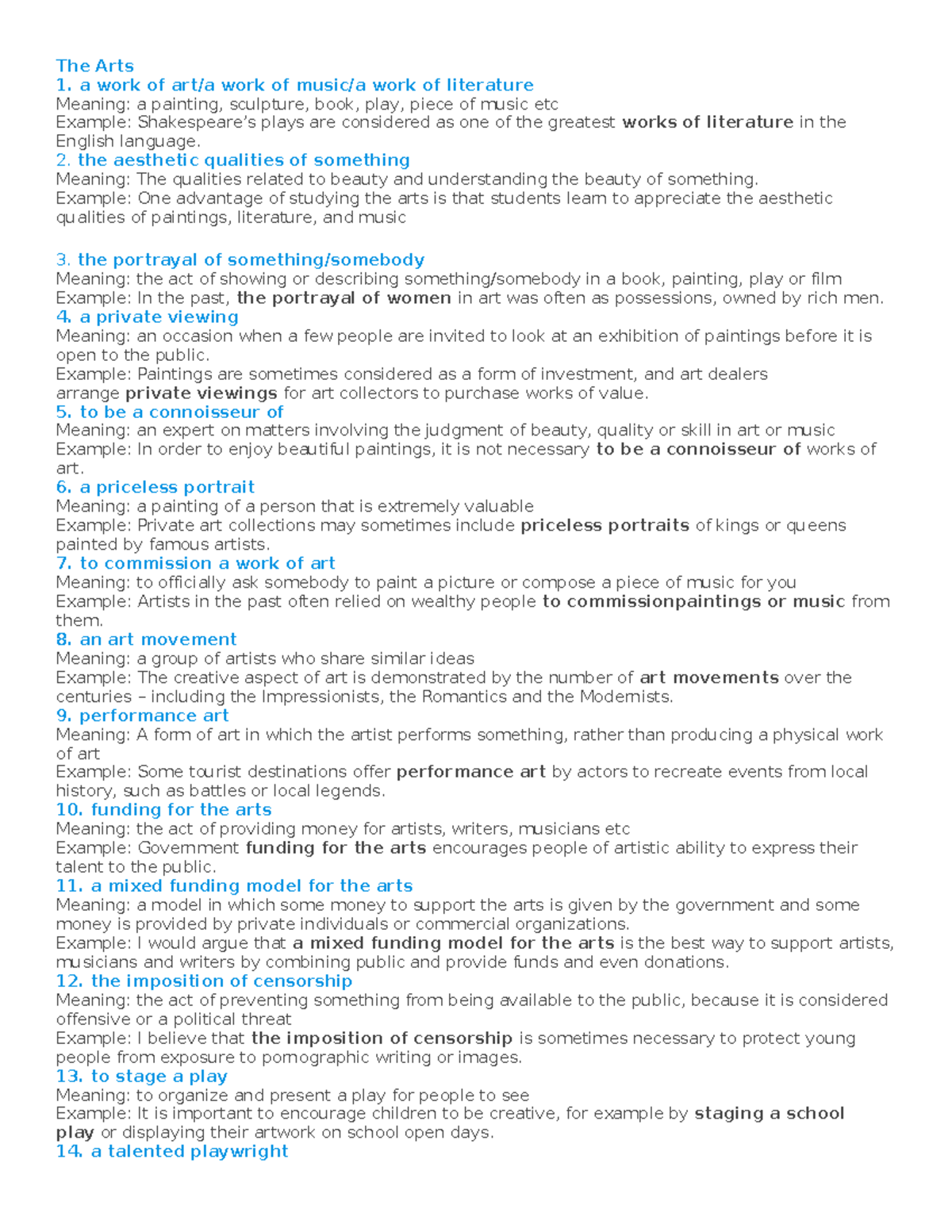 Vocab topics The Arts a work of art/a work of music/a work of