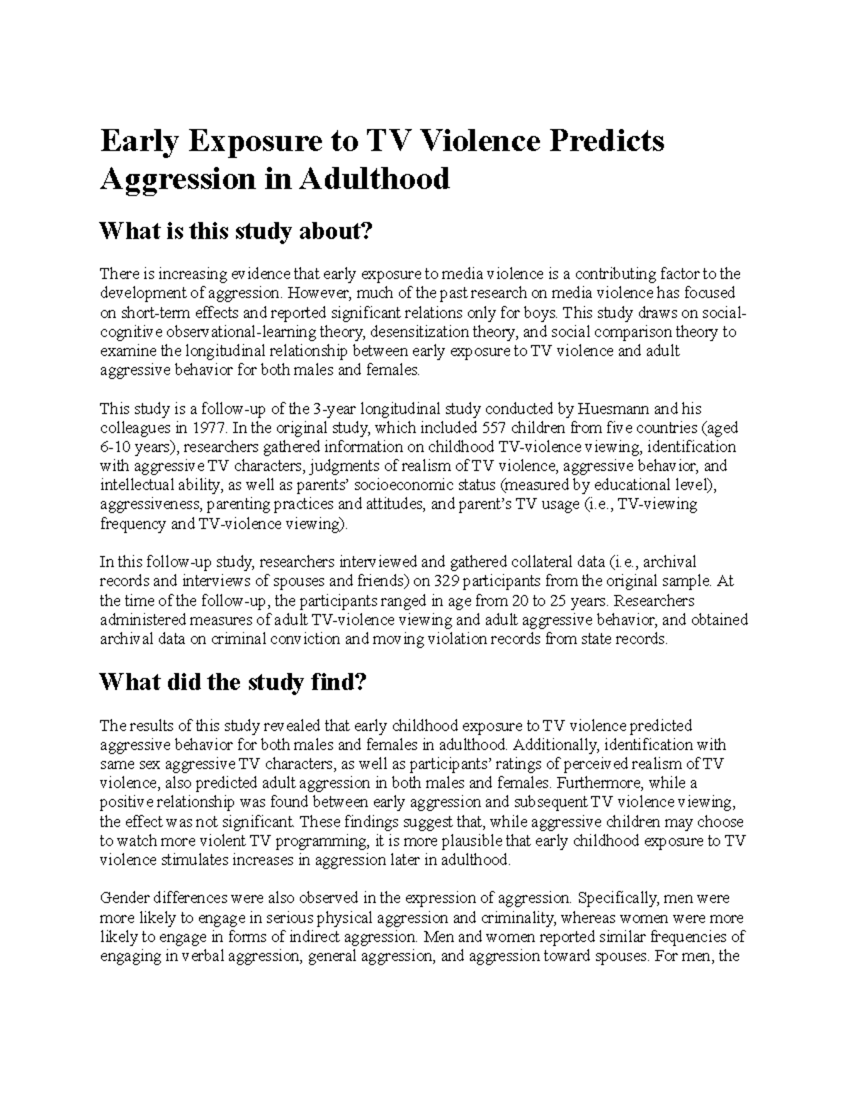 Early exposure Television setbacks Early Exposure to TV Violence