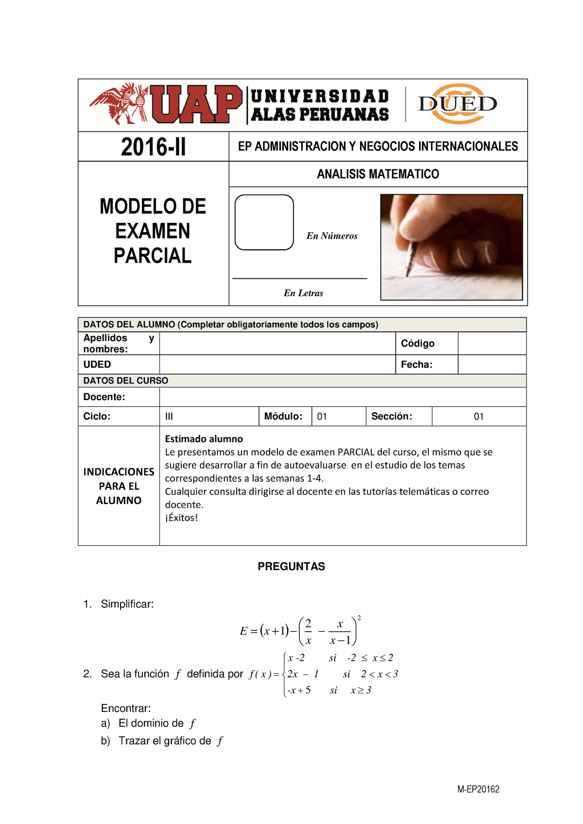 F- Modelo DE Examen Parcial - M-EP 2016-II EP ADMINISTRACION Y NEGOCIOS ...