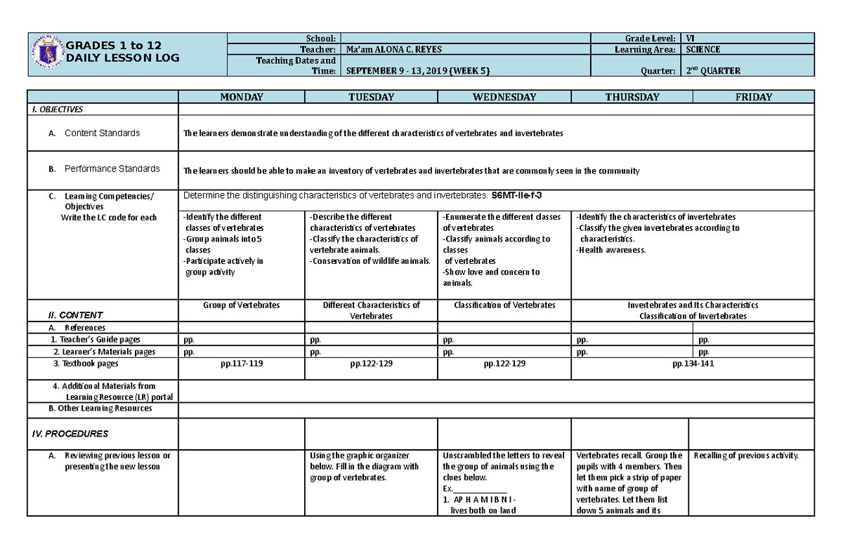 DLL Science 6 Q2 W5 - Teacher Mel - GRADES 1 to 12 DAILY LESSON LOG ...