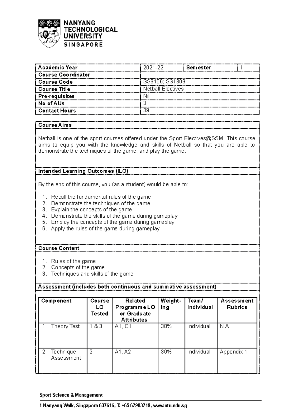 SS9106 OBTL Netball 2021 Aug - Sport Science & Management 1 Nanyang ...