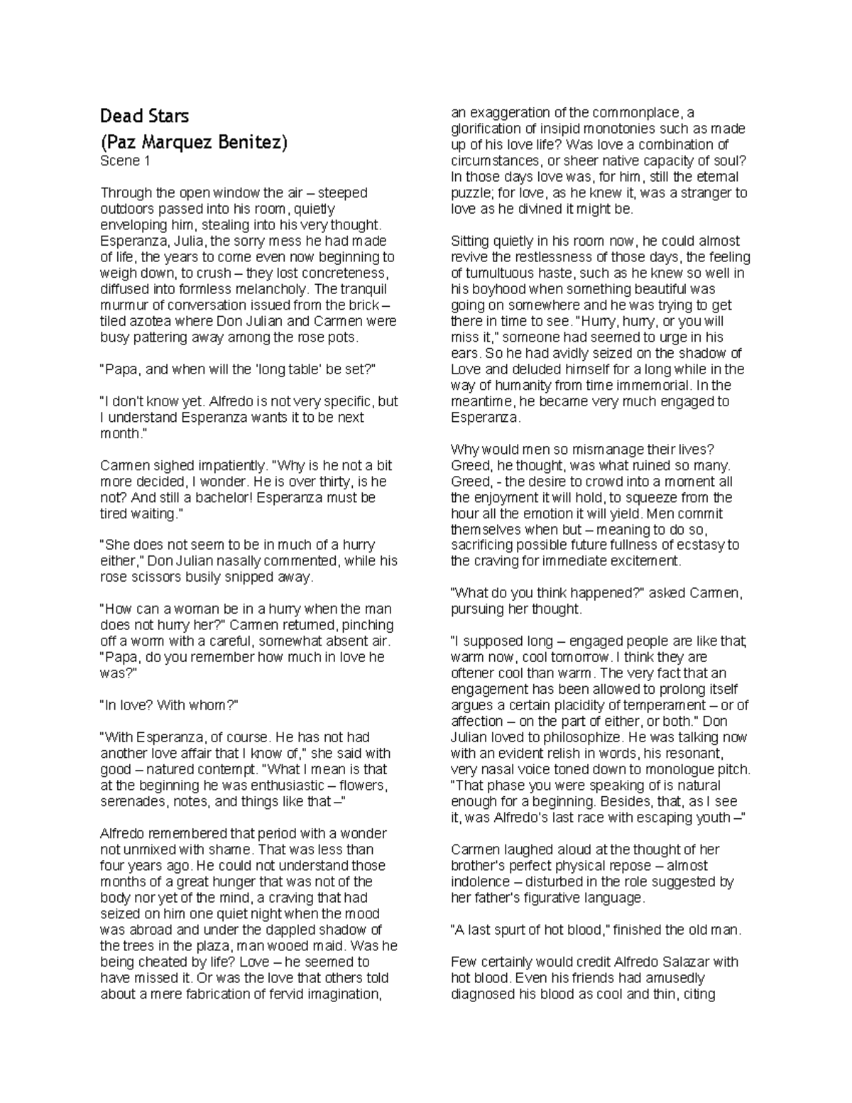 Dead Stars short story Dead Stars (Paz Marquez Benitez) Scene 1 Through the open window the