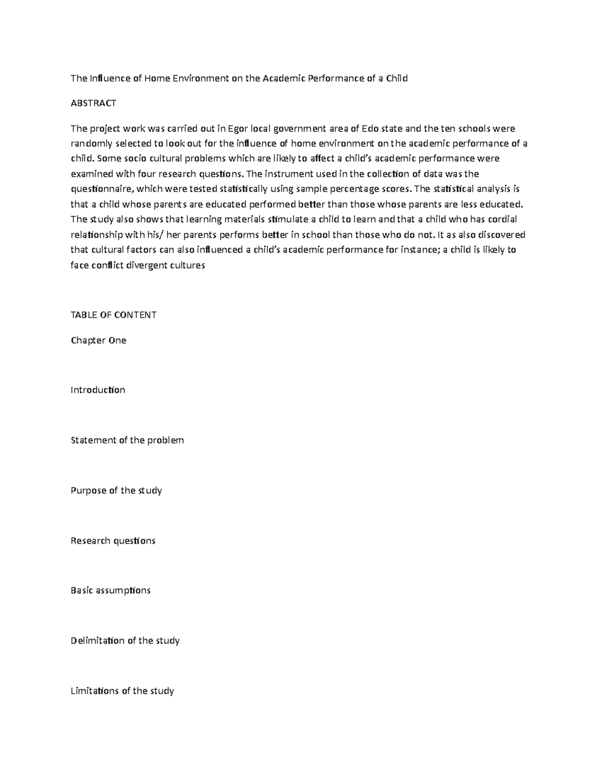 The Influence Of Home Environment On The Academic Performance Of A The Influence Of Home Environment On The Academic Performance Of A