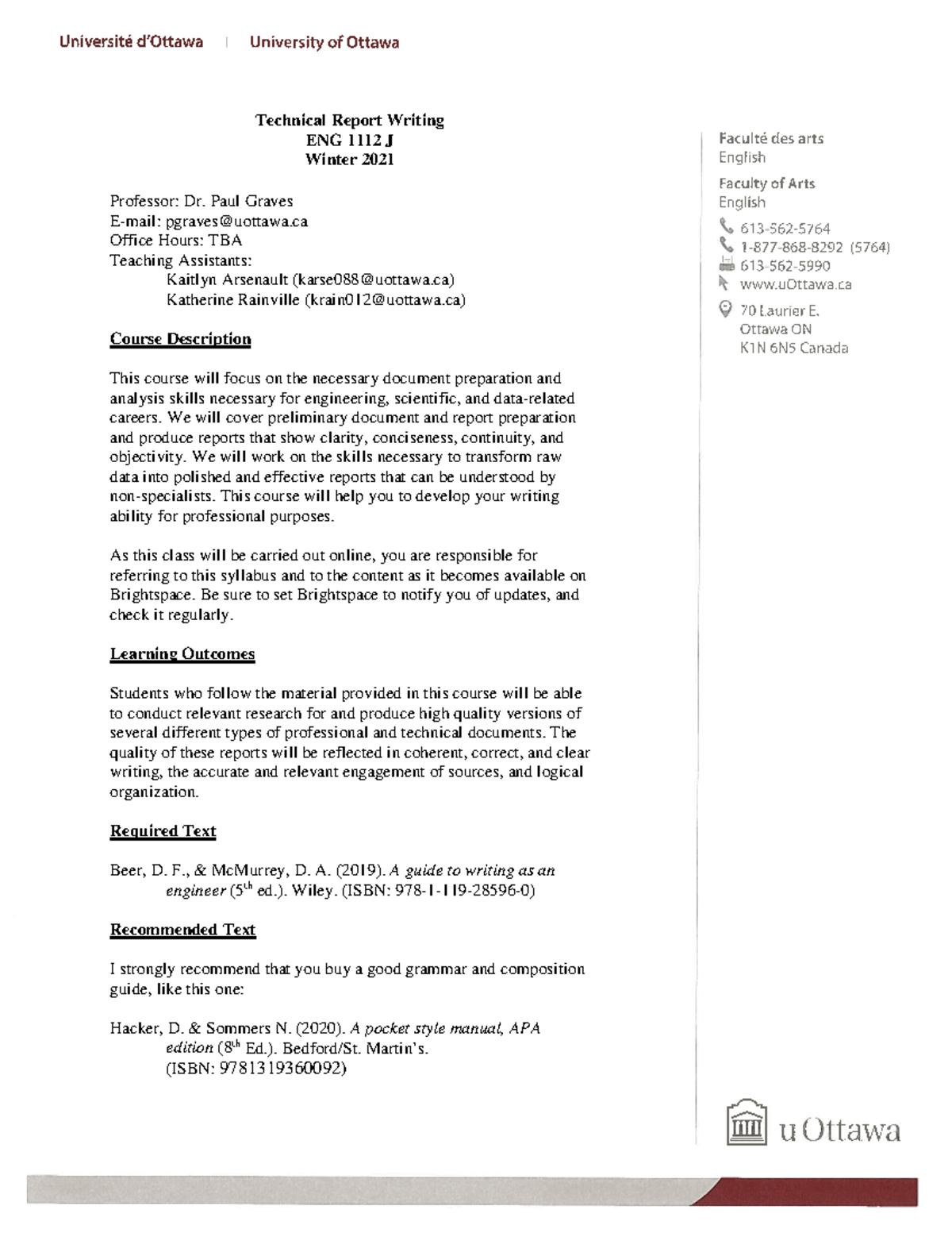 ENG1112 J Syllabus - Technical Report Writing ENG 1112 J Winter 2021 ...