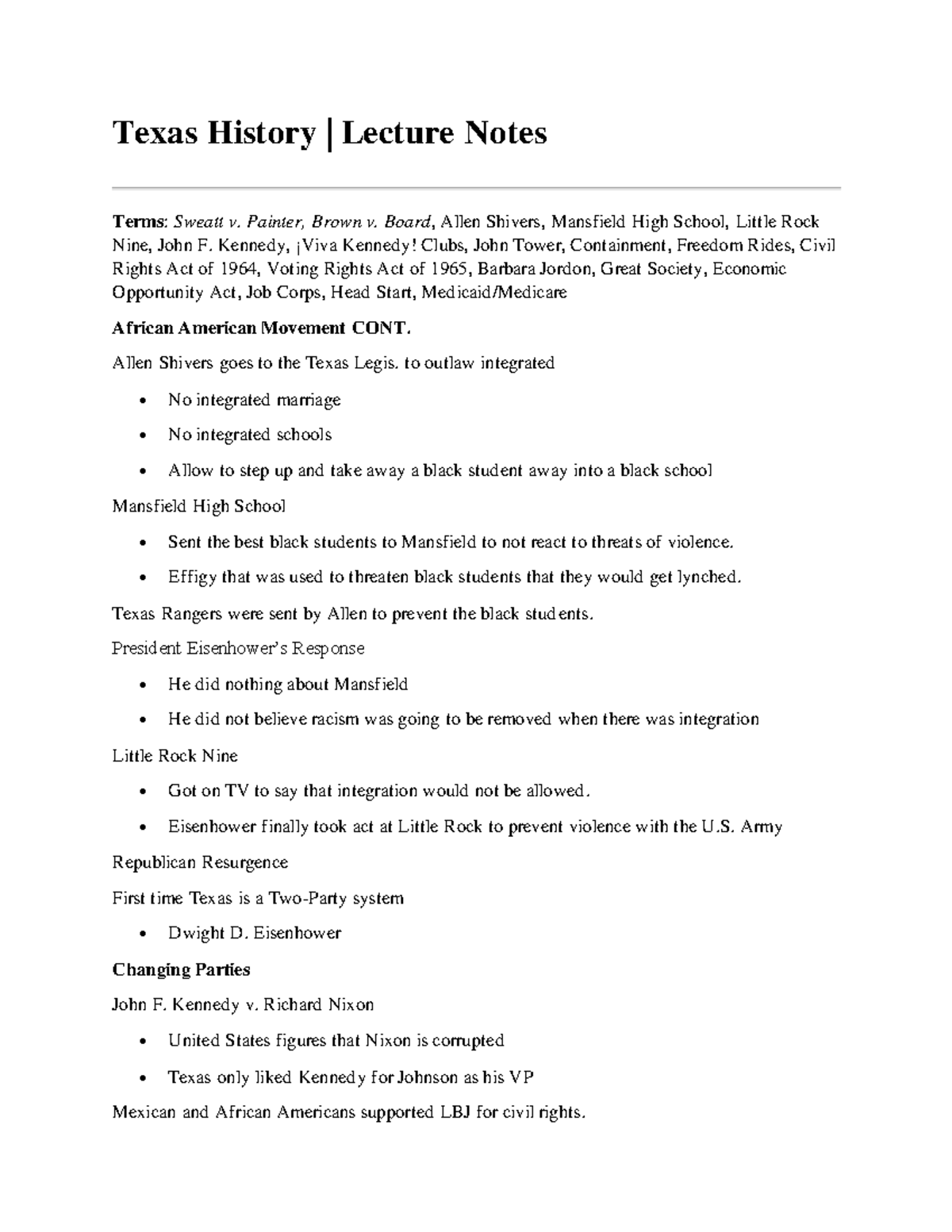 HIST-2301 Notes 22 - Texas History | Lecture Notes Terms: Sweatt V ...