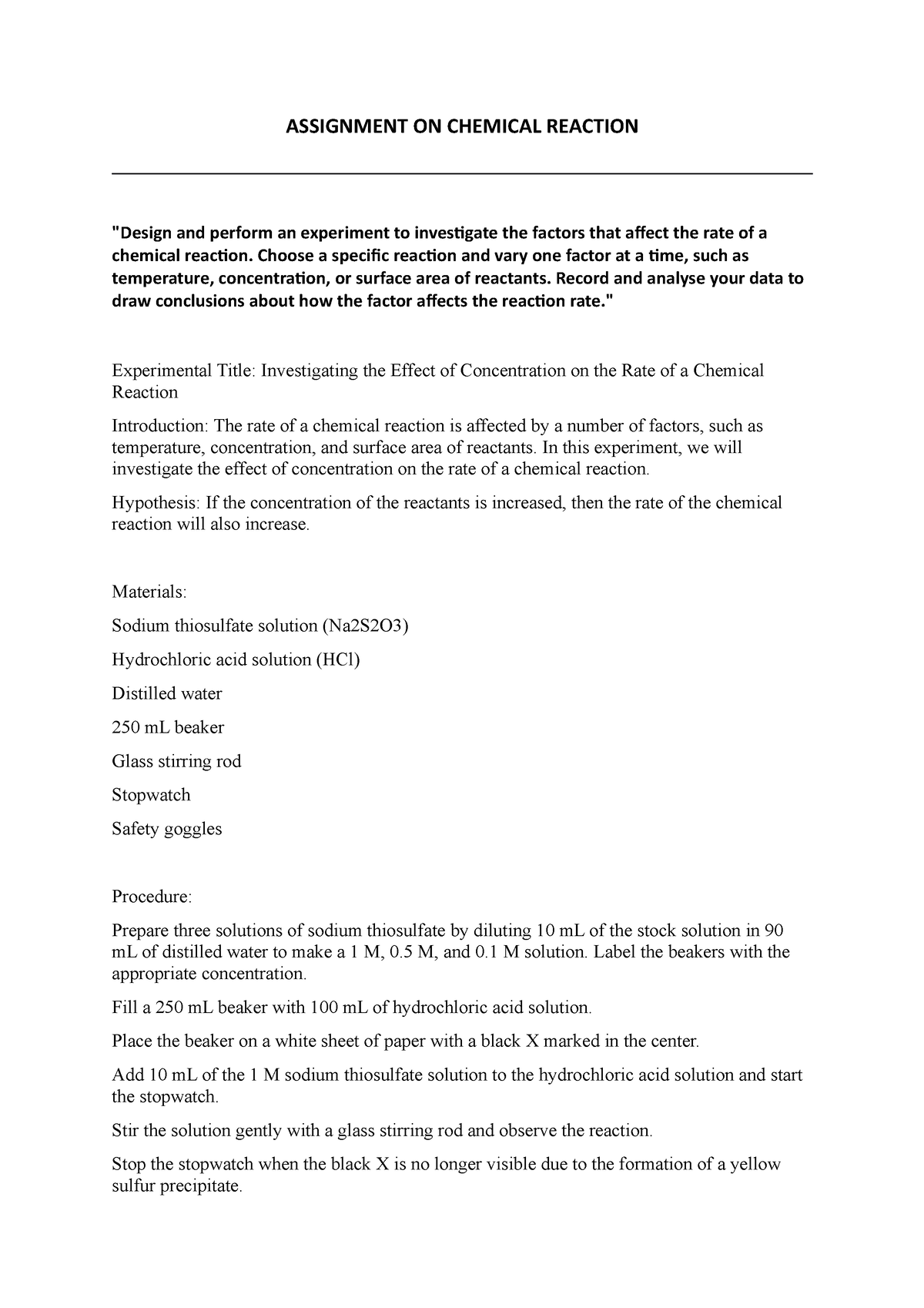 chemical reaction assignment