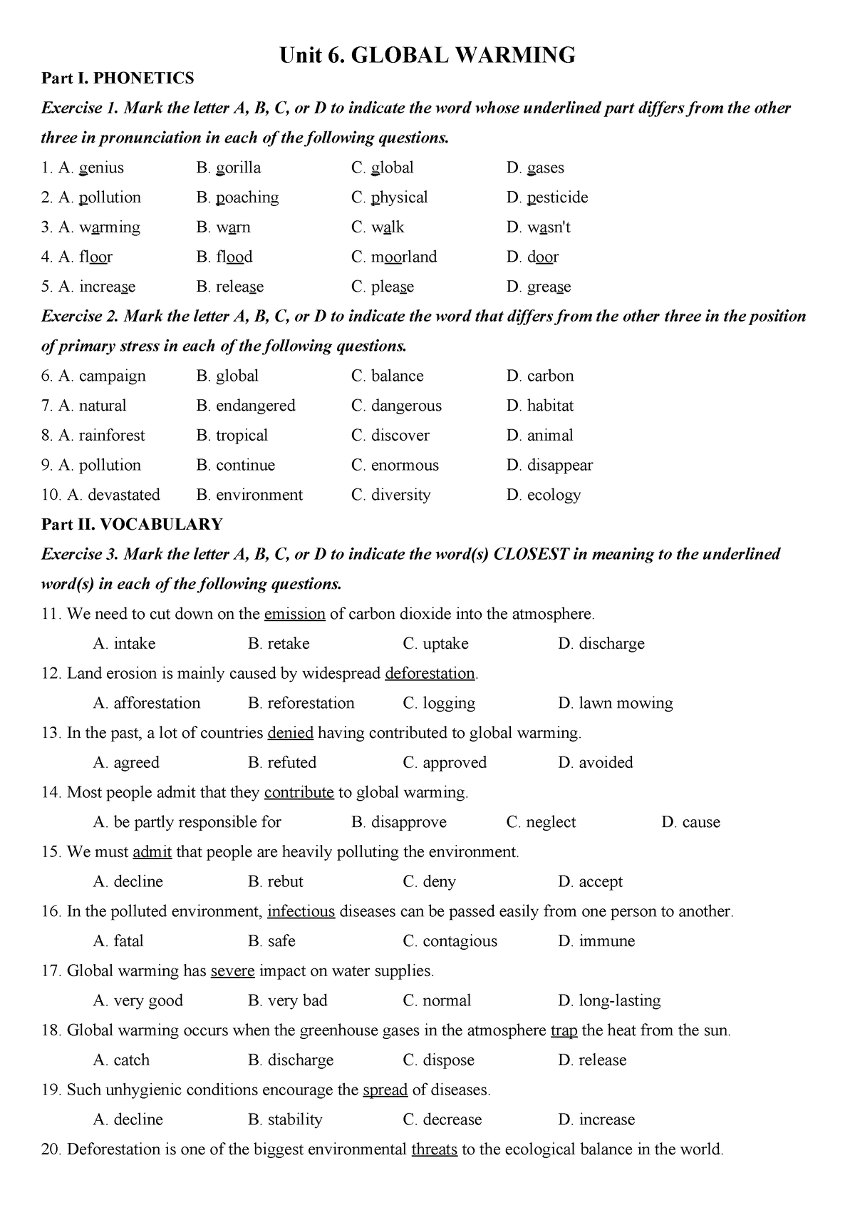 Unit 6 - English - Unit 6. GLOBAL WARMING Part I. PHONETICS Exercise 1 ...