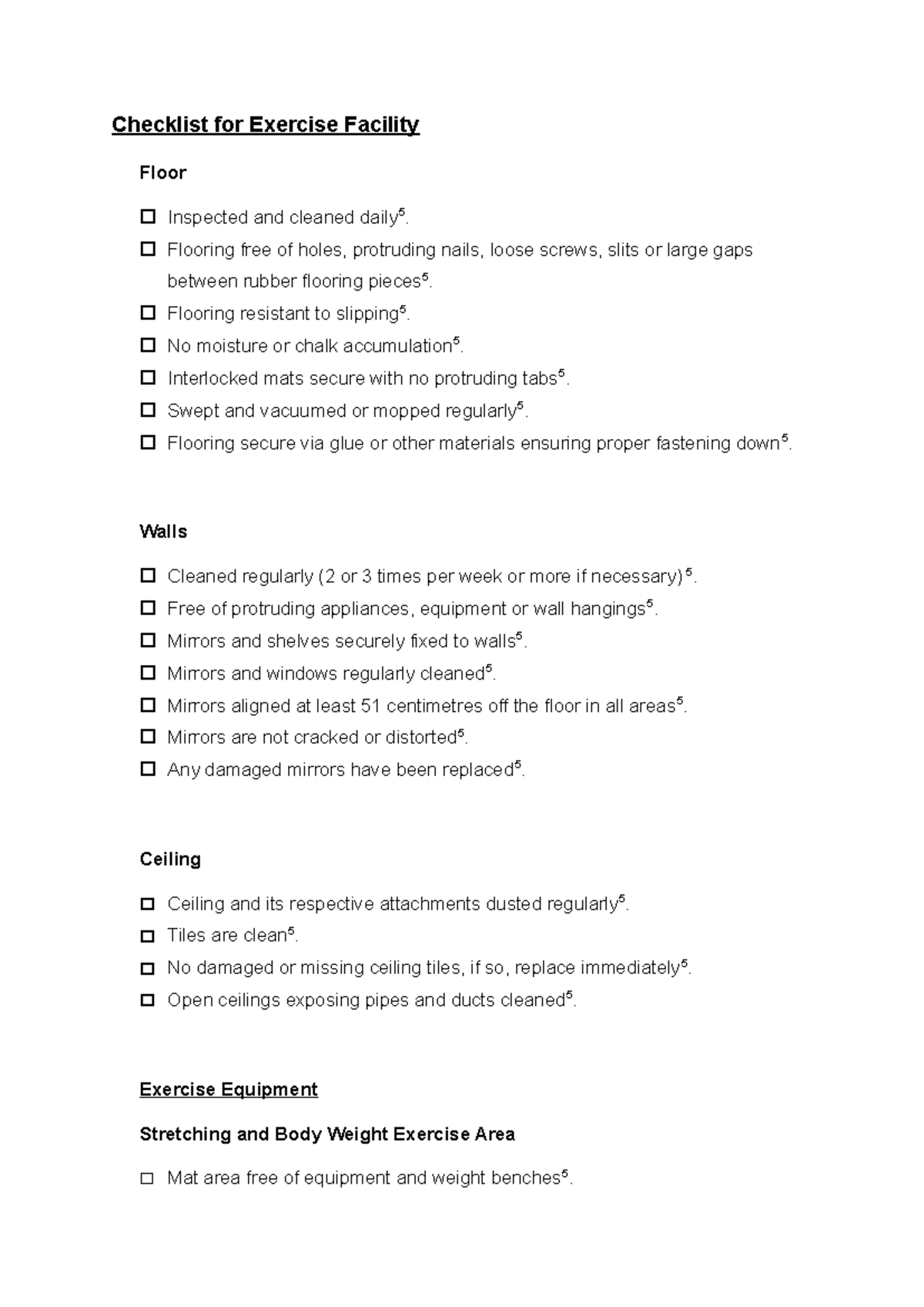 My checklists 2 - Checklist for Exercise Facility Floor Inspected and ...