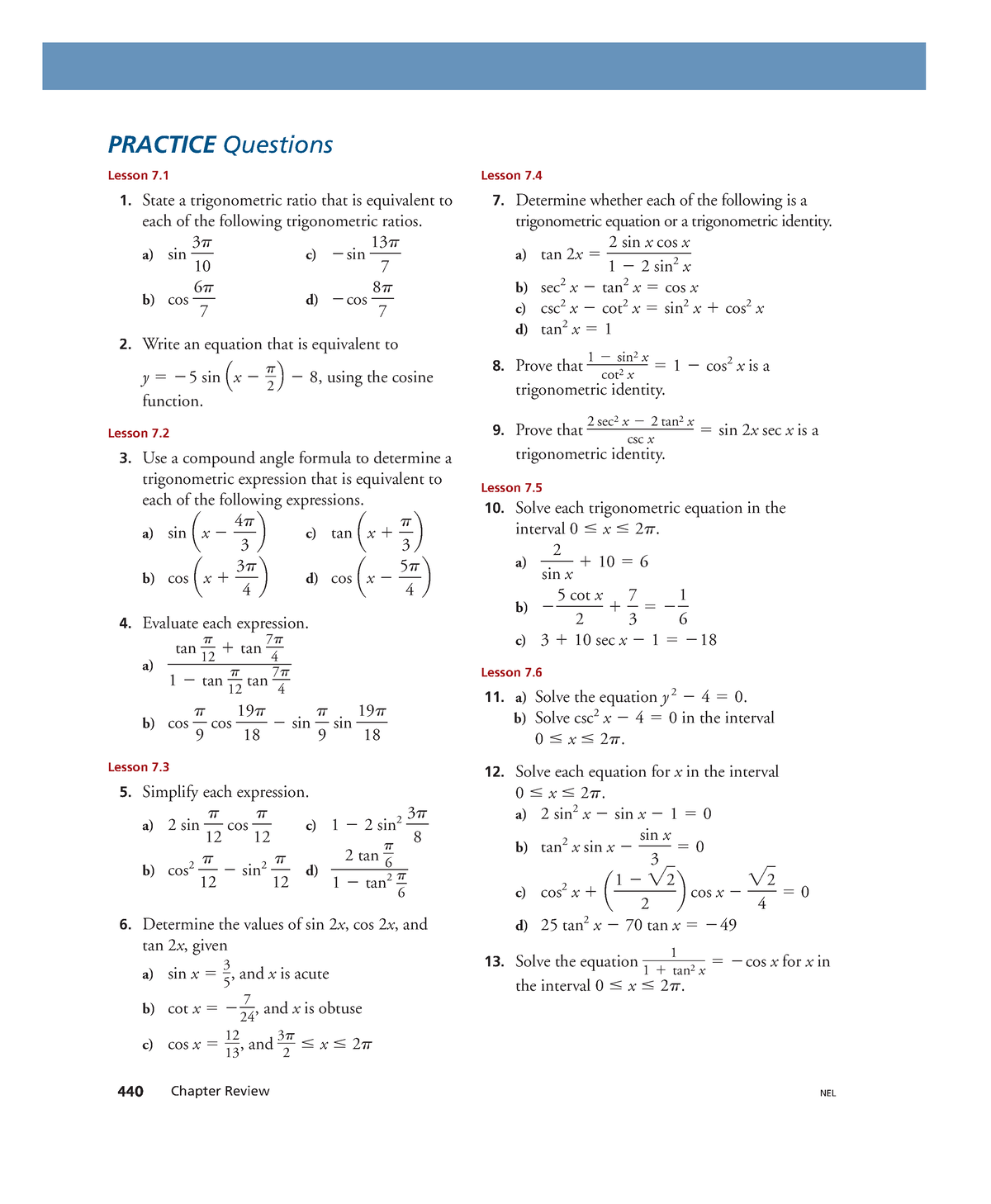 Nelson Advanced Functions - 440 NEL PRACTICE Questions Lesson 7. 1 ...