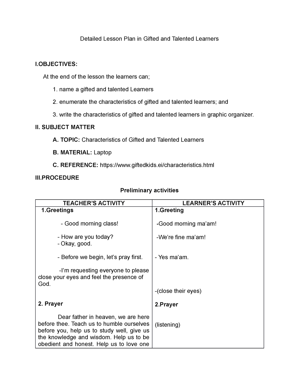 Lesson PLAN IN Gifted AND Talented Learners Detailed Lesson Plan in