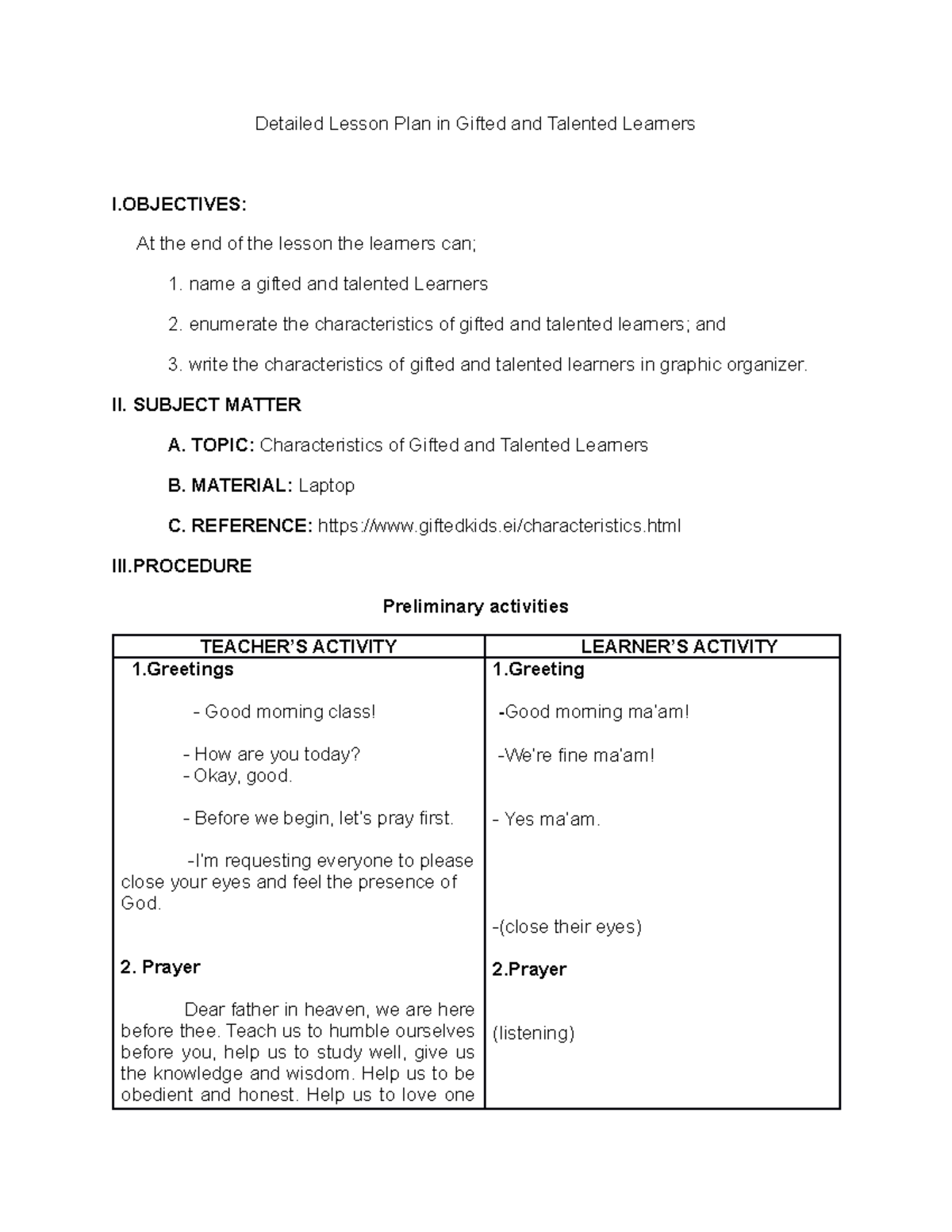 Lesson PLAN IN Gifted AND Talented Learners Detailed Lesson Plan in