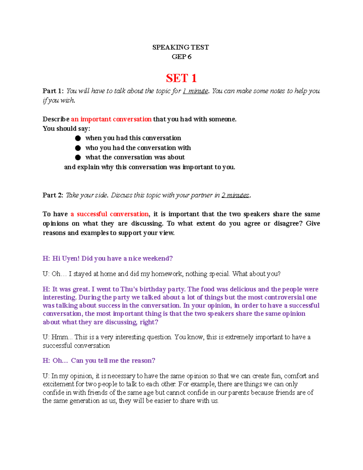 GEP 6 Speaking Test (Sep 2022 updated) - SPEAKING TEST GEP 6 SET 1 Part ...