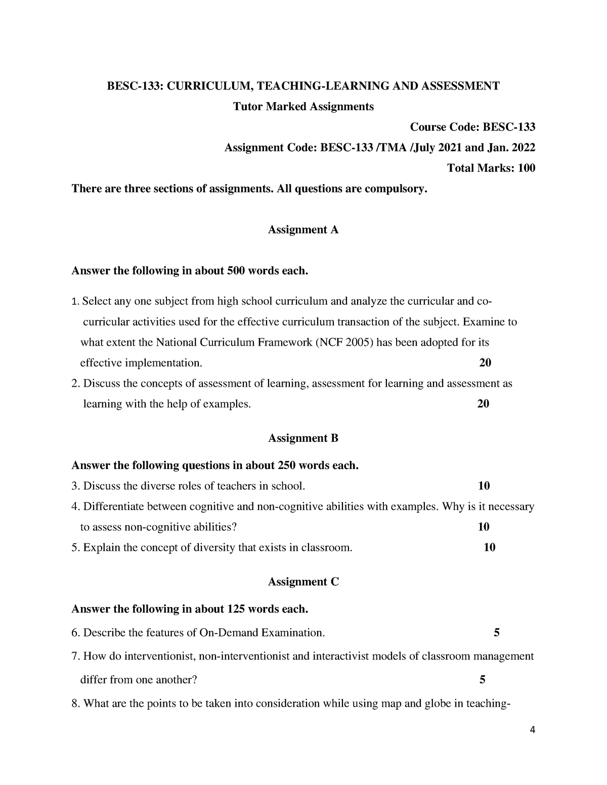 assignment question paper 2021