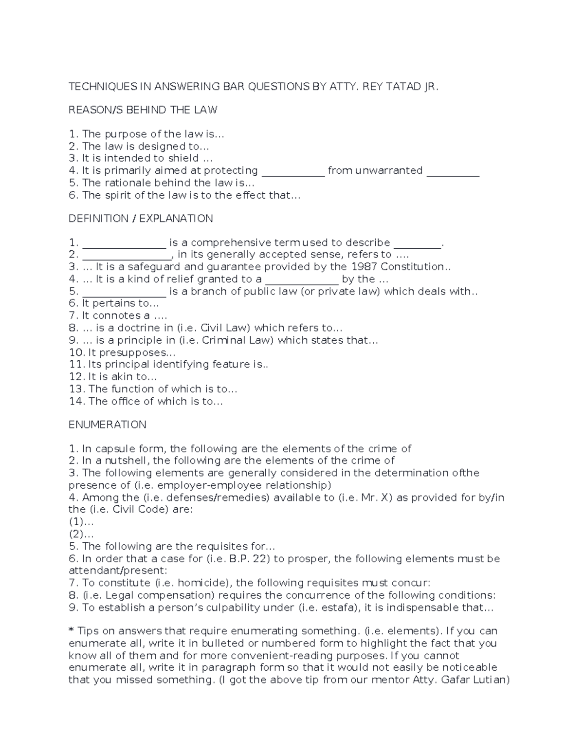 Techniques in Answering Law School and B - TECHNIQUES IN ANSWERING BAR ...