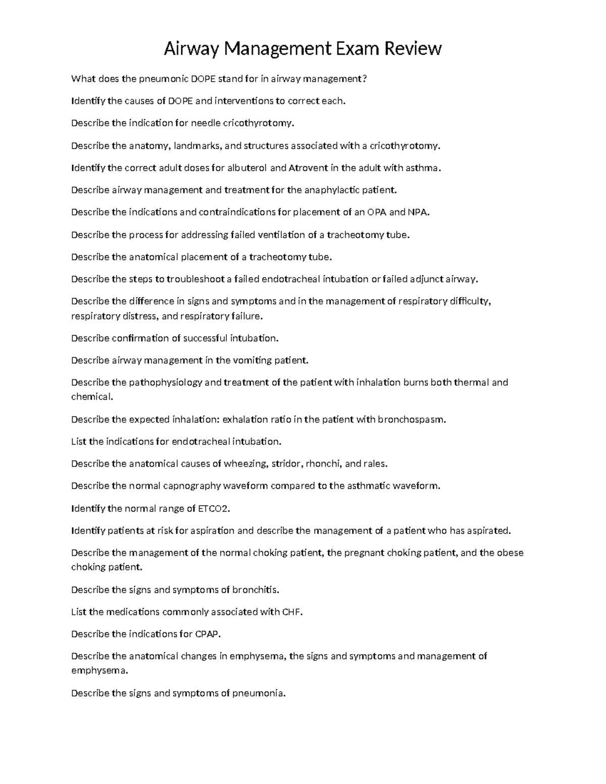 Airway Exam Review Airway Management Exam Review What does the pneumonic DOPE stand for in