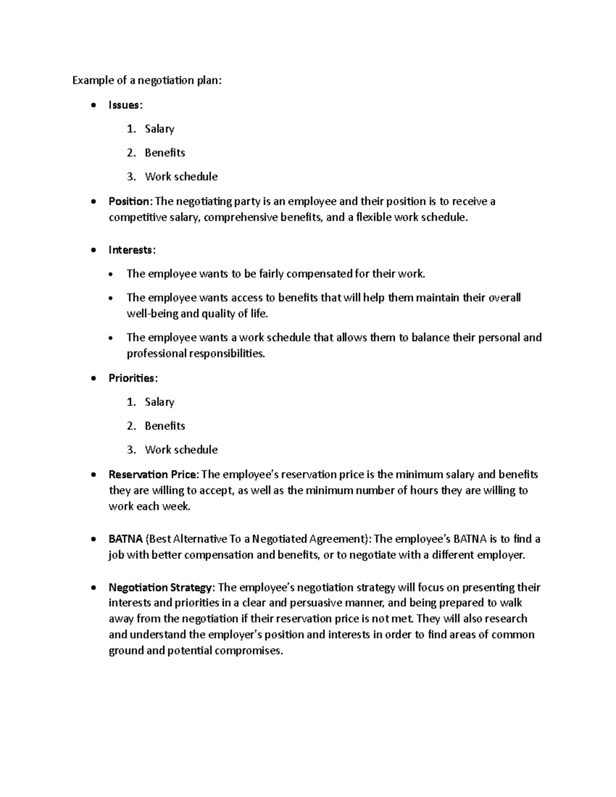 Negotiation Plan - Example of a negotiation plan: Issues: Salary ...