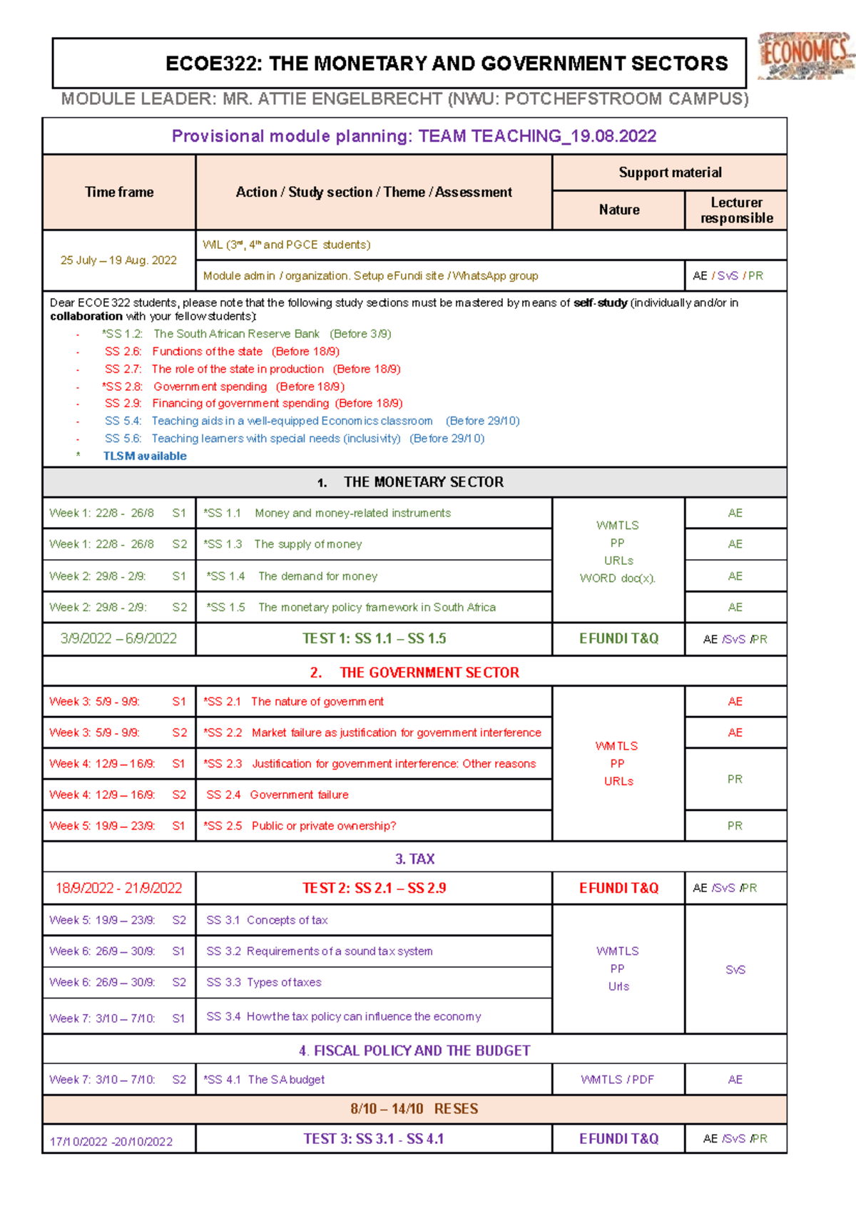 ECOE322 Provisional Module planning TEAM Teaching 19 AUG 2022 - MODULE ...