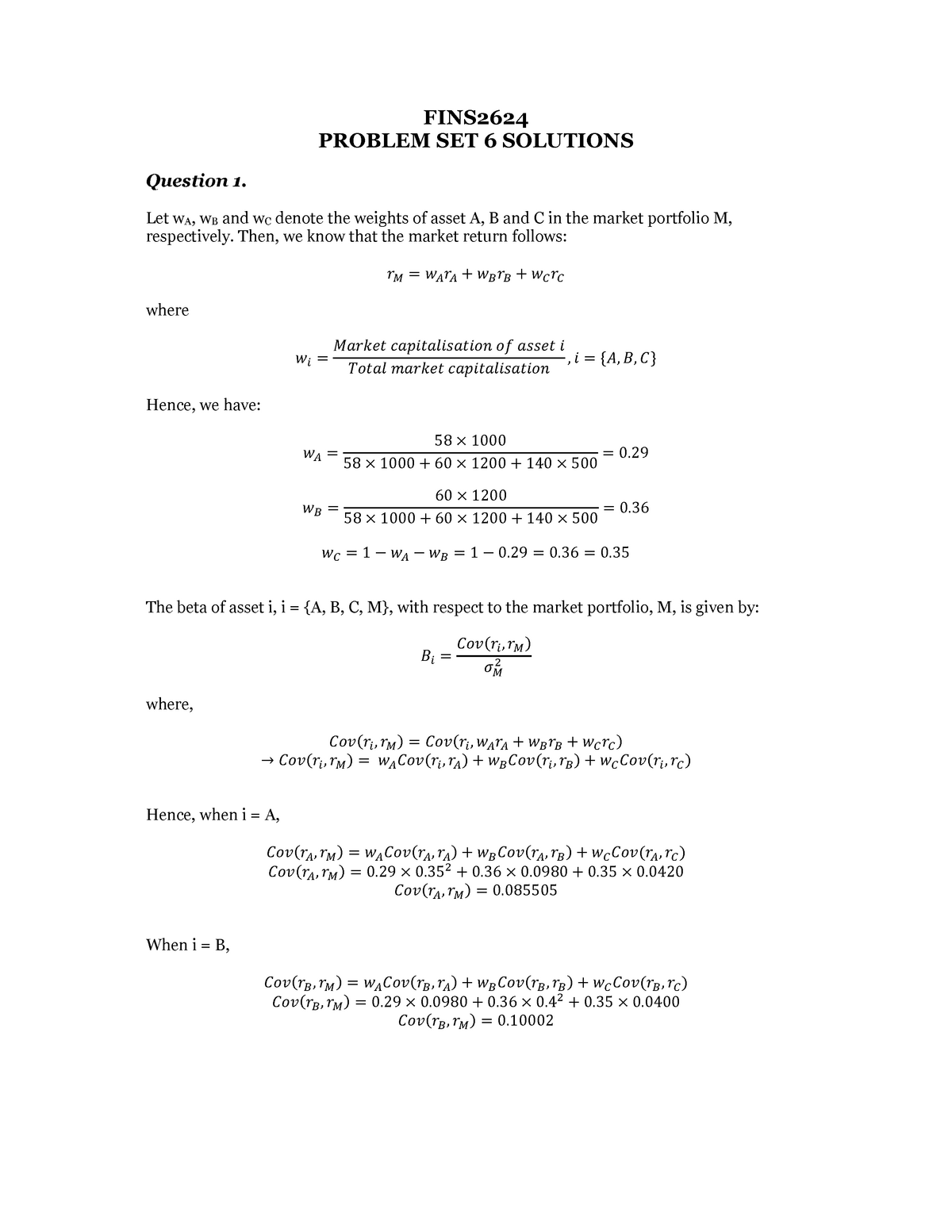 Problem Set 6 Solutions Portfolio Management Unsw Sydney Studocu