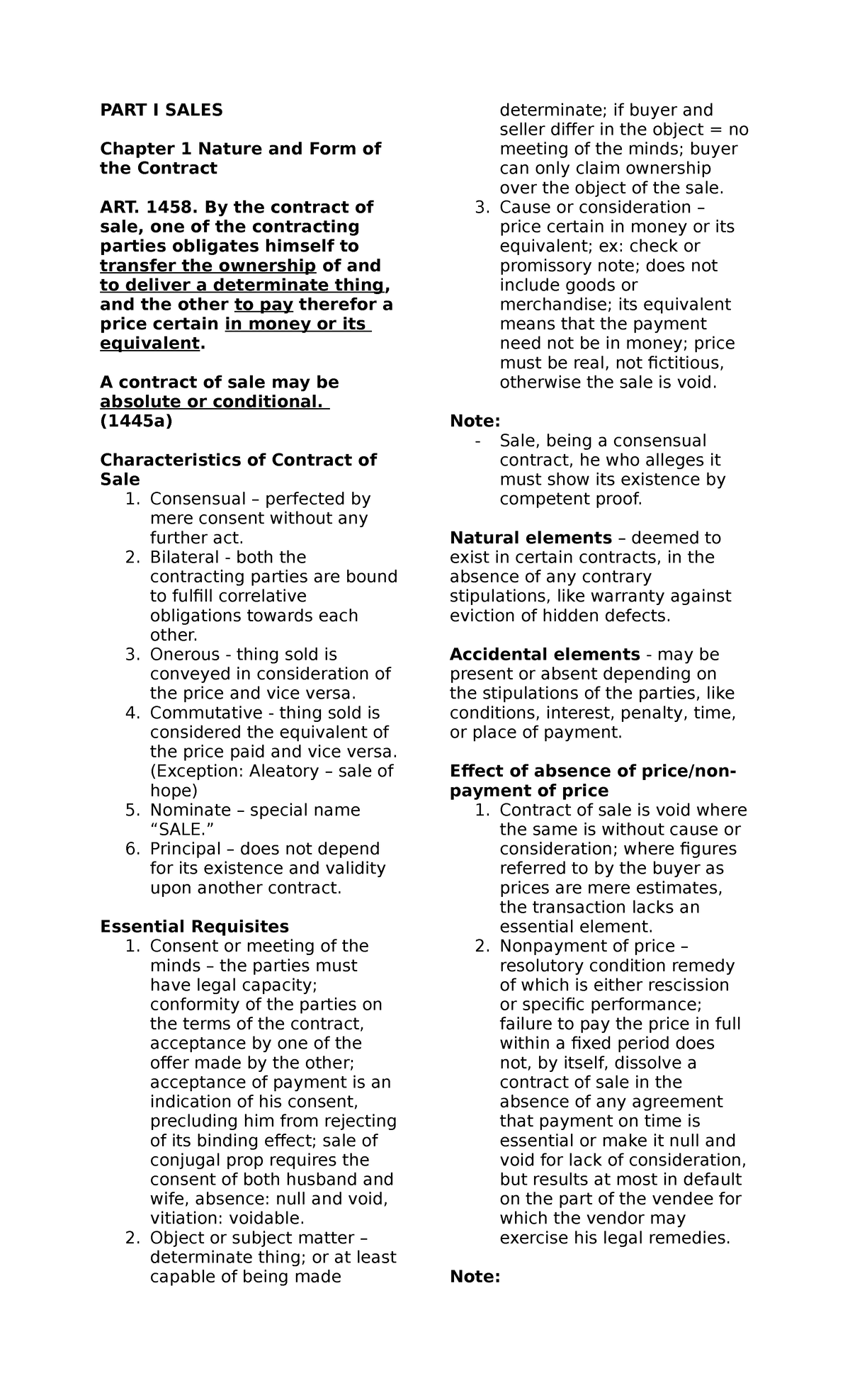 Reviewer - Law on Sales - PART I SALES Chapter 1 Nature and Form of the ...