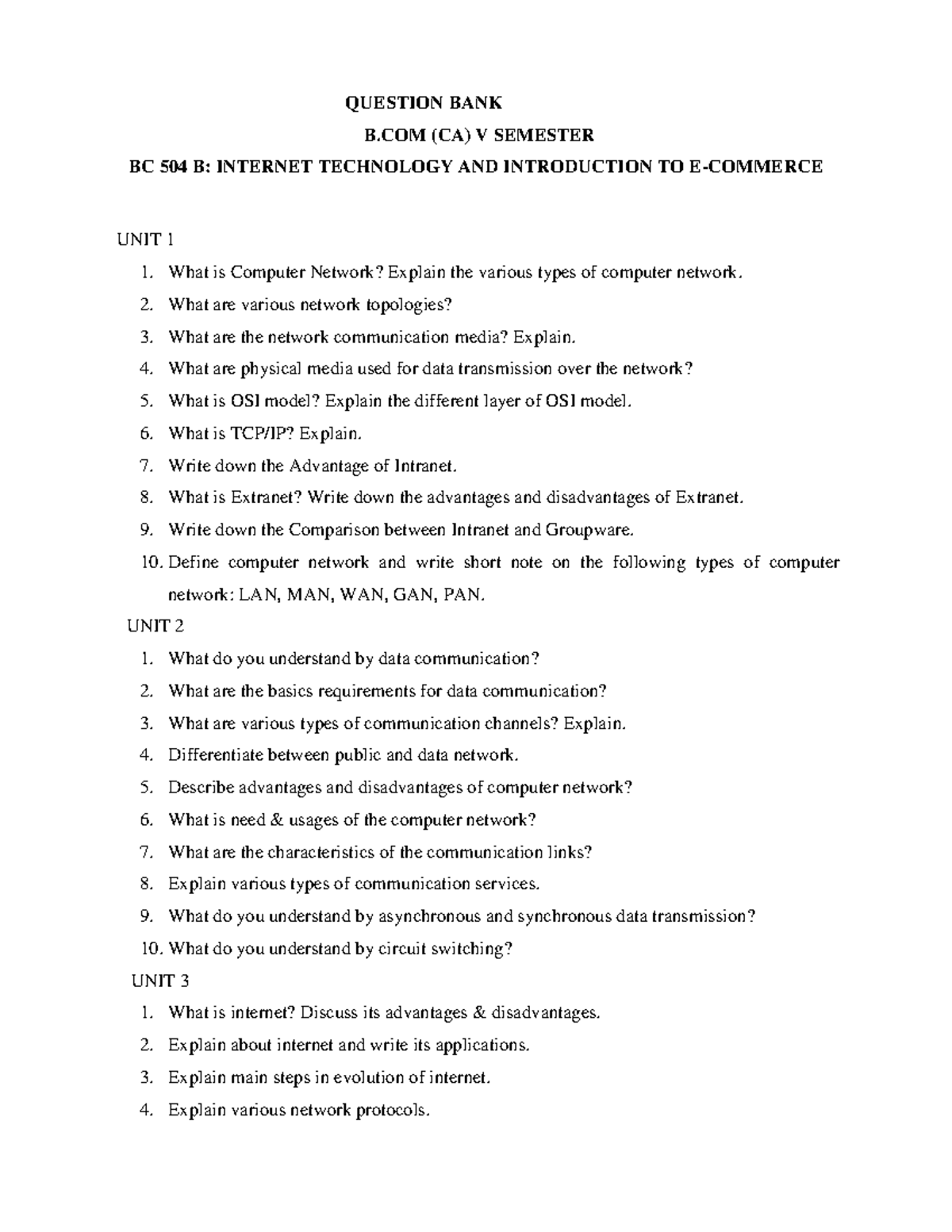 Questions Bank QUESTION BANK B (CA) V SEMESTER BC 504 B