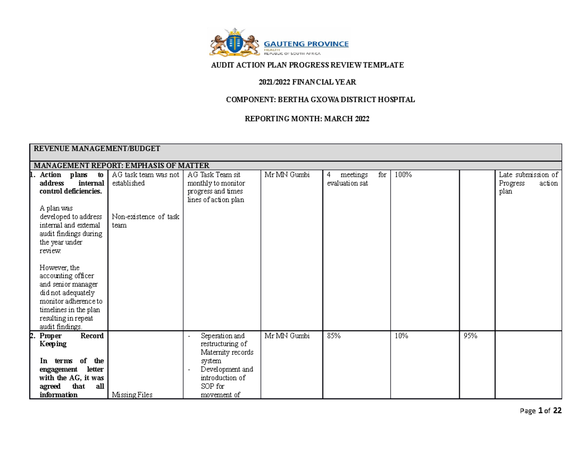 AG Report FEB 2022 - notes - AUDIT ACTION PLAN PROGRESS REVIEW TEMPLATE ...