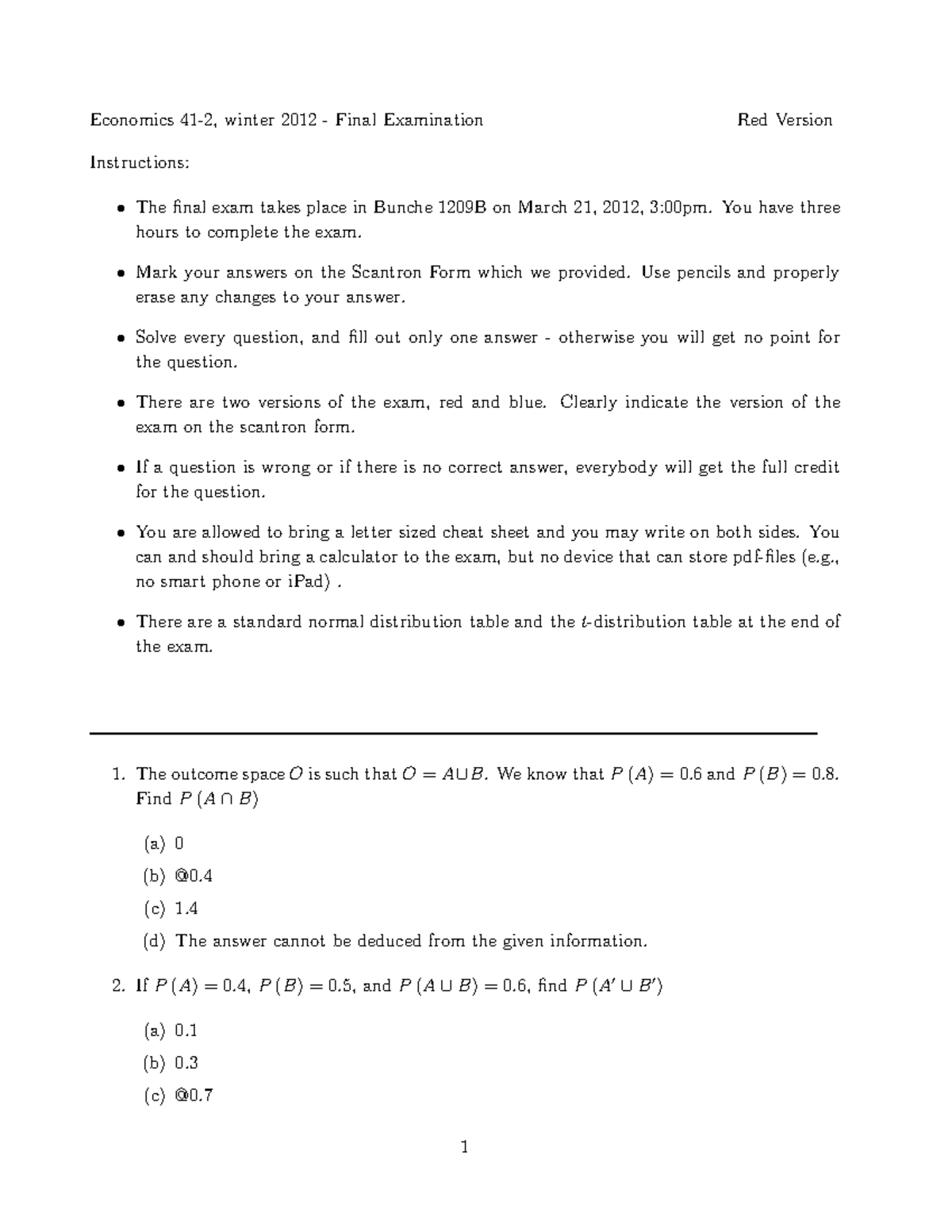 Econ41 Practice Final - Economics 41-2, Winter 2012 - Final Examination ...