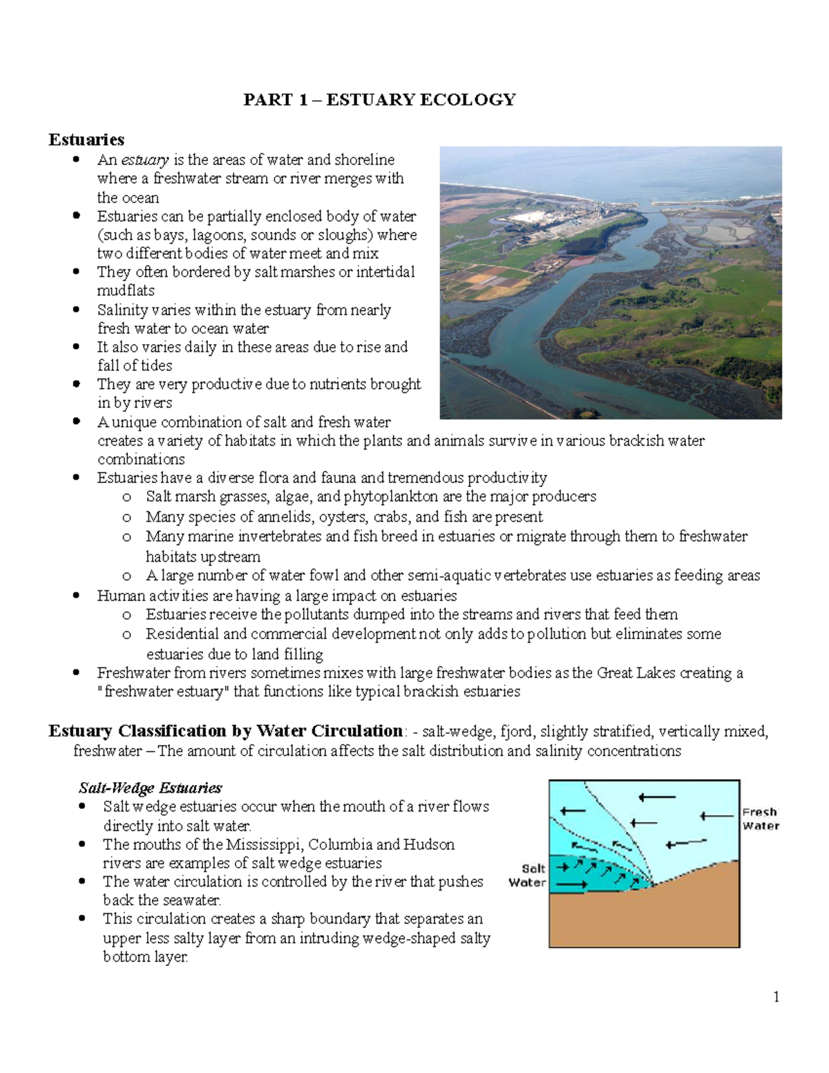 WQ Handout-P1- Estuary - PART 1 – ESTUARY ECOLOGY Estuaries An Estuary ...