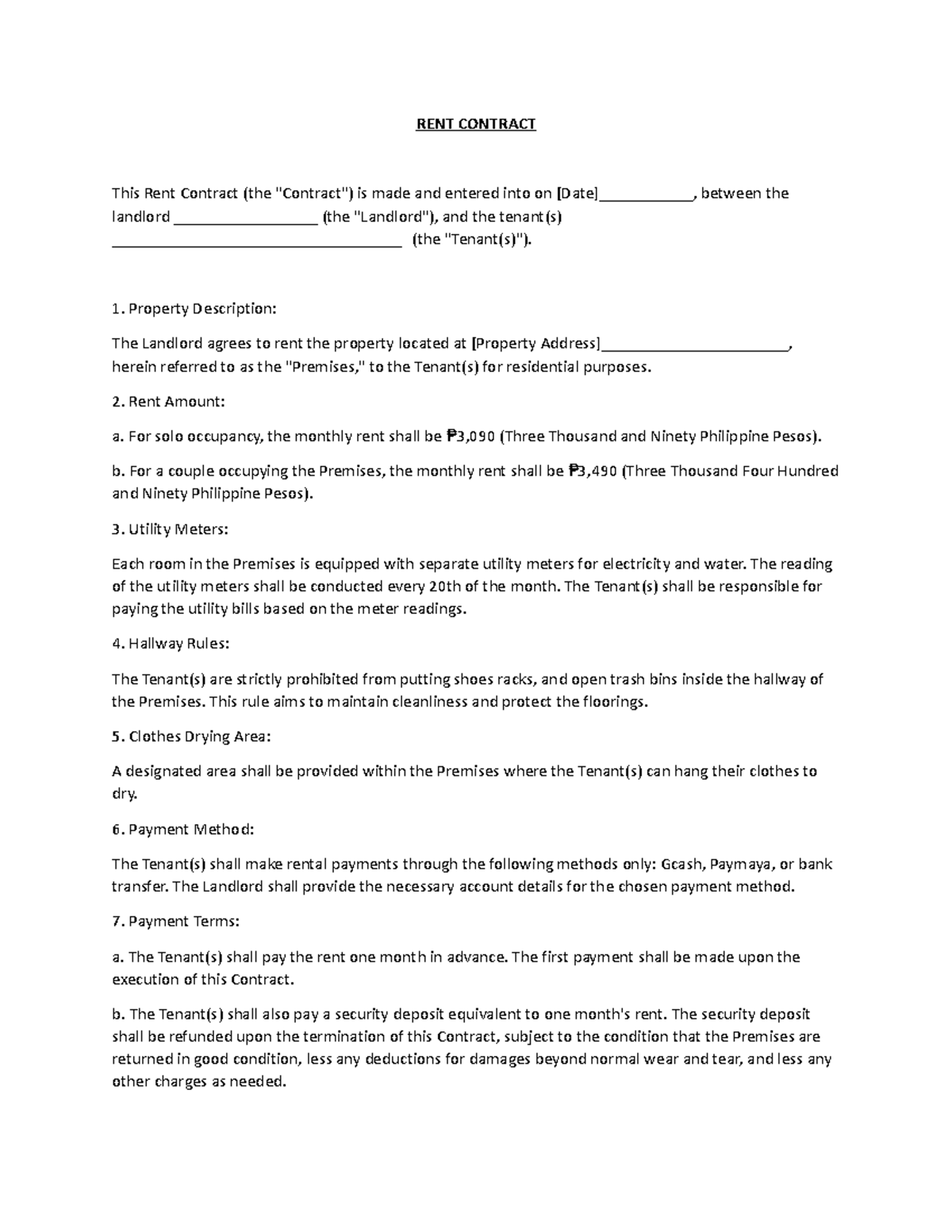 RENT- Contract - RENT CONTRACT This Rent Contract (the 