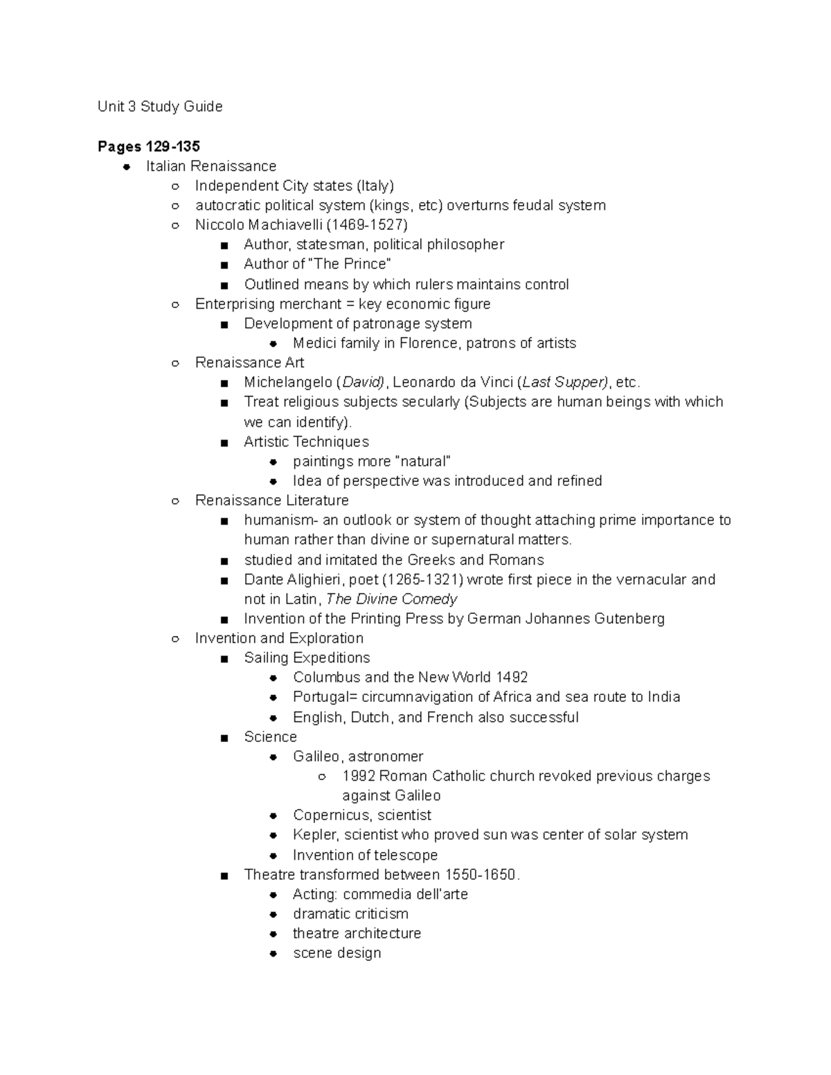 Unit 3 Study Guide - Unit 3 Study Guide Pages 129- Italian Renaissance ...